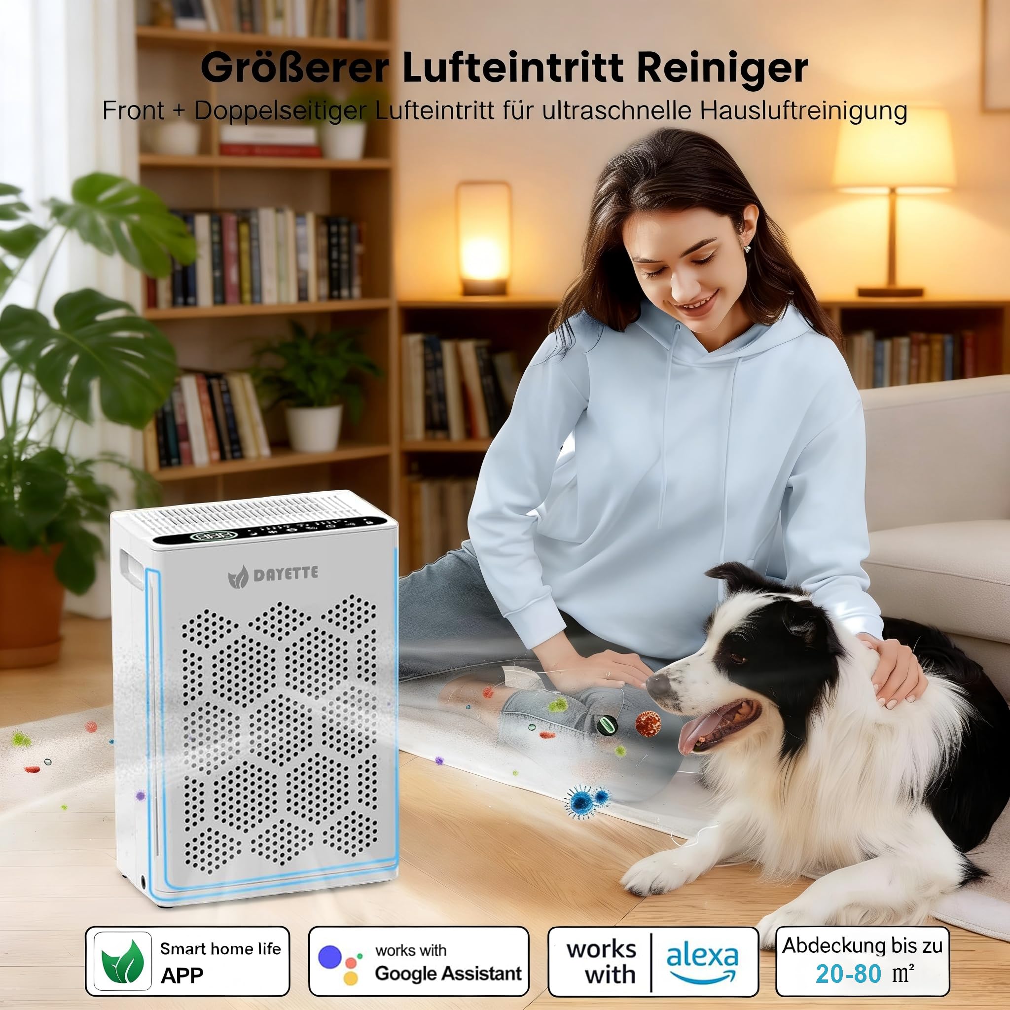 Luftreiniger Allergiker für Wohnung, HEPA H14 Filter mit waschbarem Vorfilter gegen Zigarettenrauch, Schimmel und Gerüche, CADR 300m³/h, App- und Alexa-Steuerung