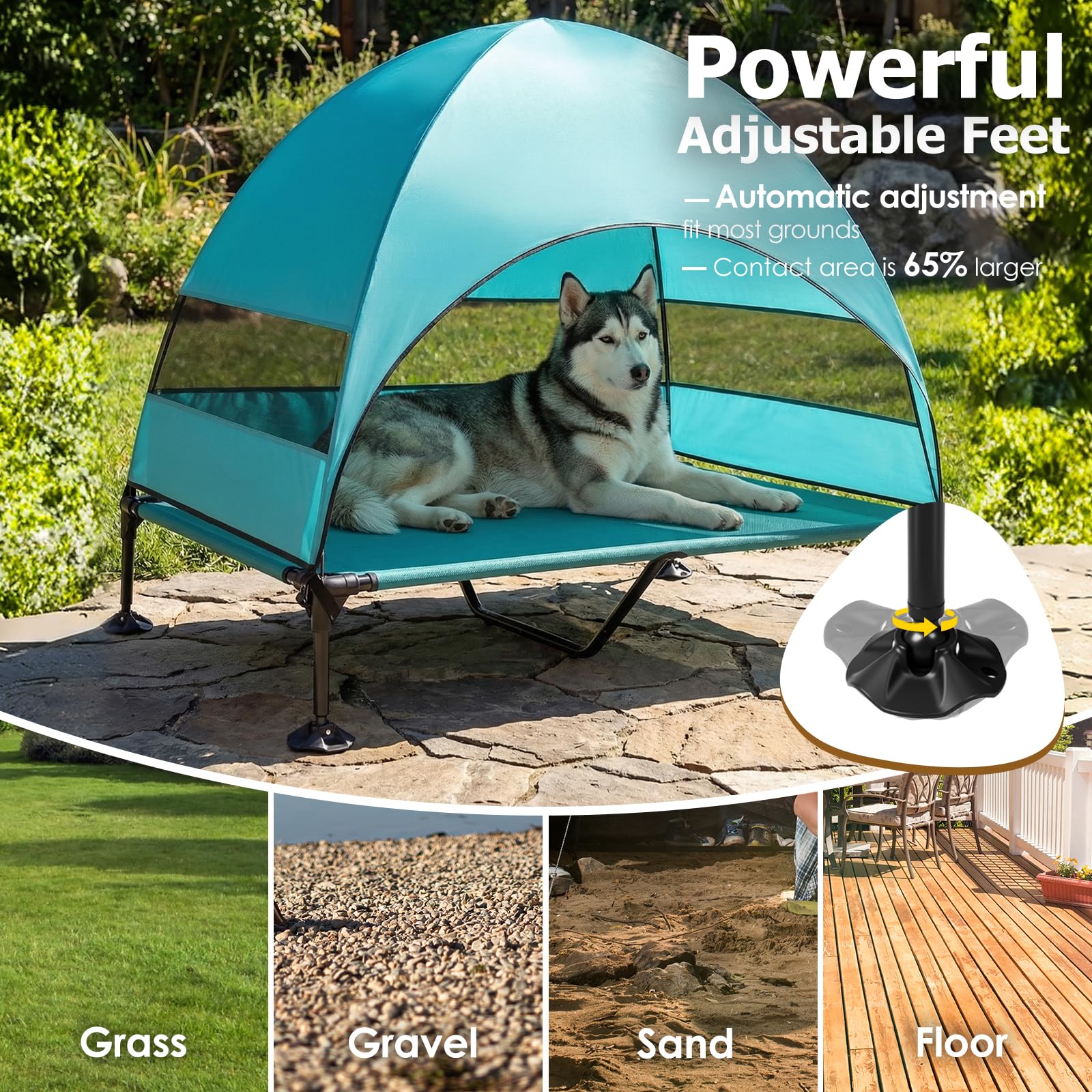 Erhöhtes Hundebett Outdoor mit UV-beständiges Dach，Hundeliege Klappbar mit Anti-Rutsch-Füßen, Hundezelt Outdoor mit Großem Schatten, Kühlendes ErhöHtes Hunde Bett für Camping, Garten & Pool (Grau, L)