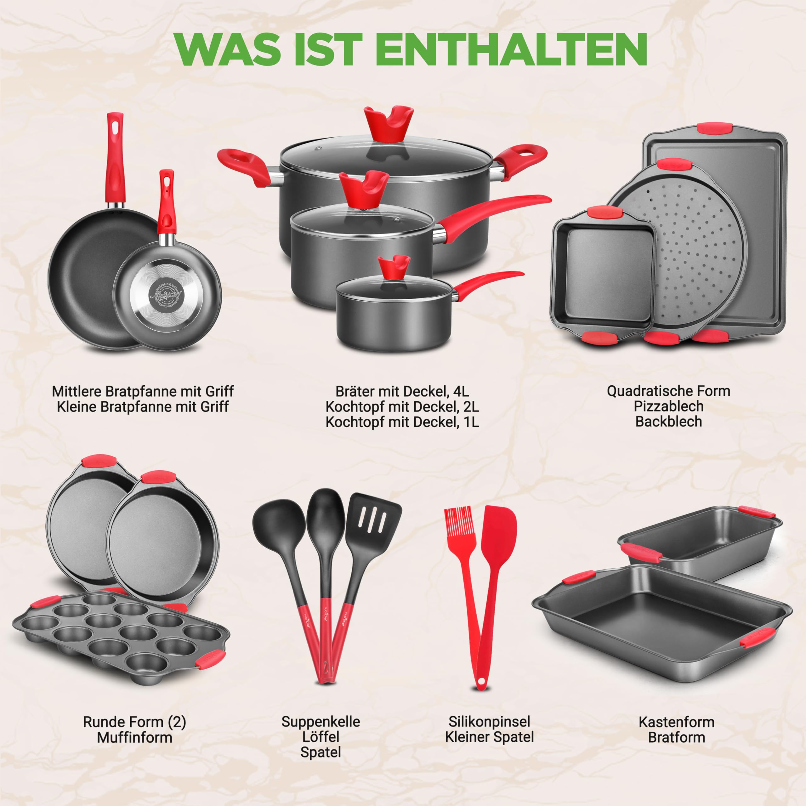 Töpfe & Pfannen Set, 21-teiliges Anti-Stick-Kochen und Backset mit Muffinform, Brot & Pizza Tray, Utensils, für Gas, Elektrik & Keramik, für moderne Haushalte und Hobbybäcker, Schwarz