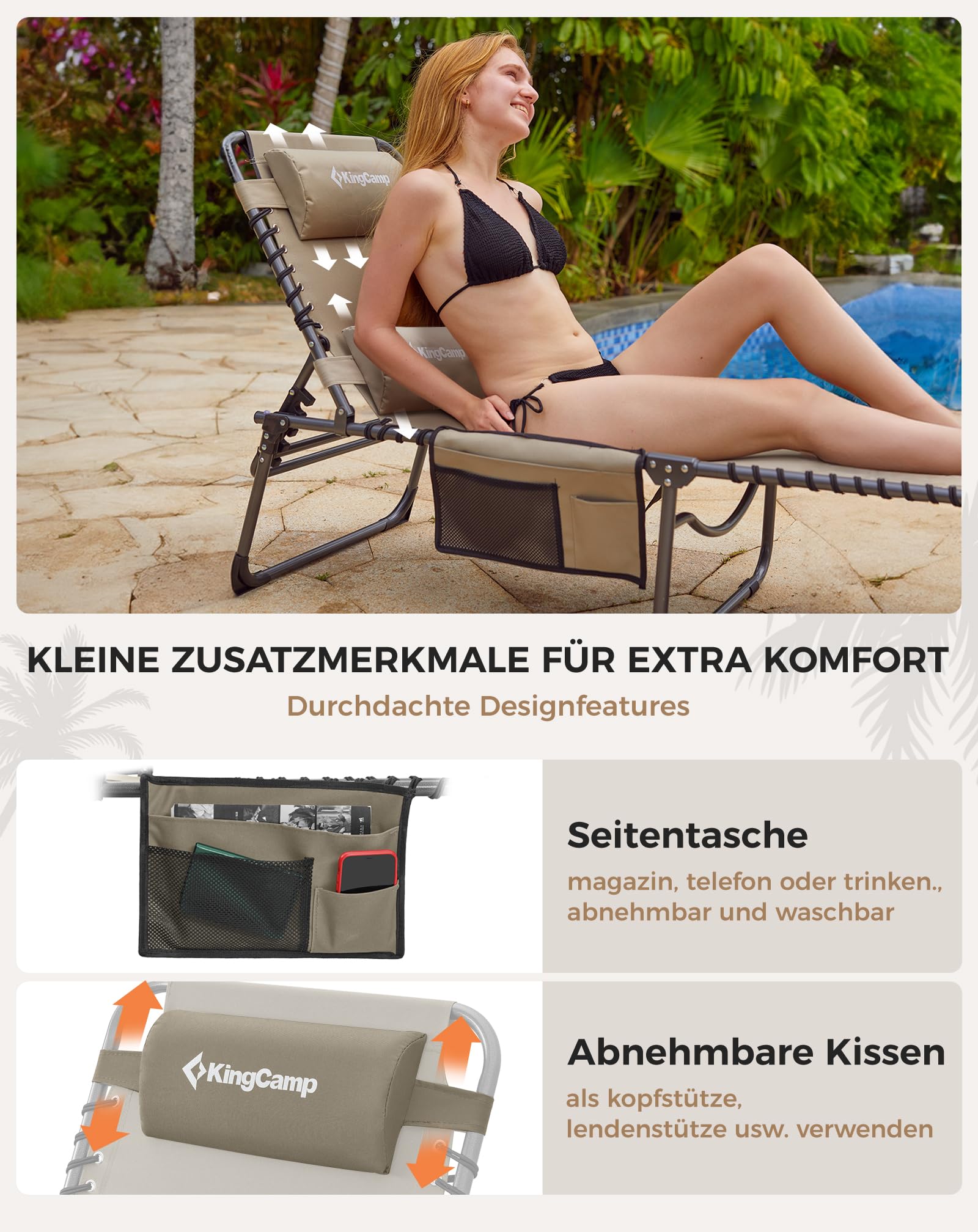 Sonnenliege Klappbar 5-Verstellbare, bis 180 kg, 2er Set, Blau | Gartenliege Klappbar, mit Kopfstütze & Seitentasche, Sonnenliege Wetterfest, Strandliege für Garten Terrasse Pool Camping