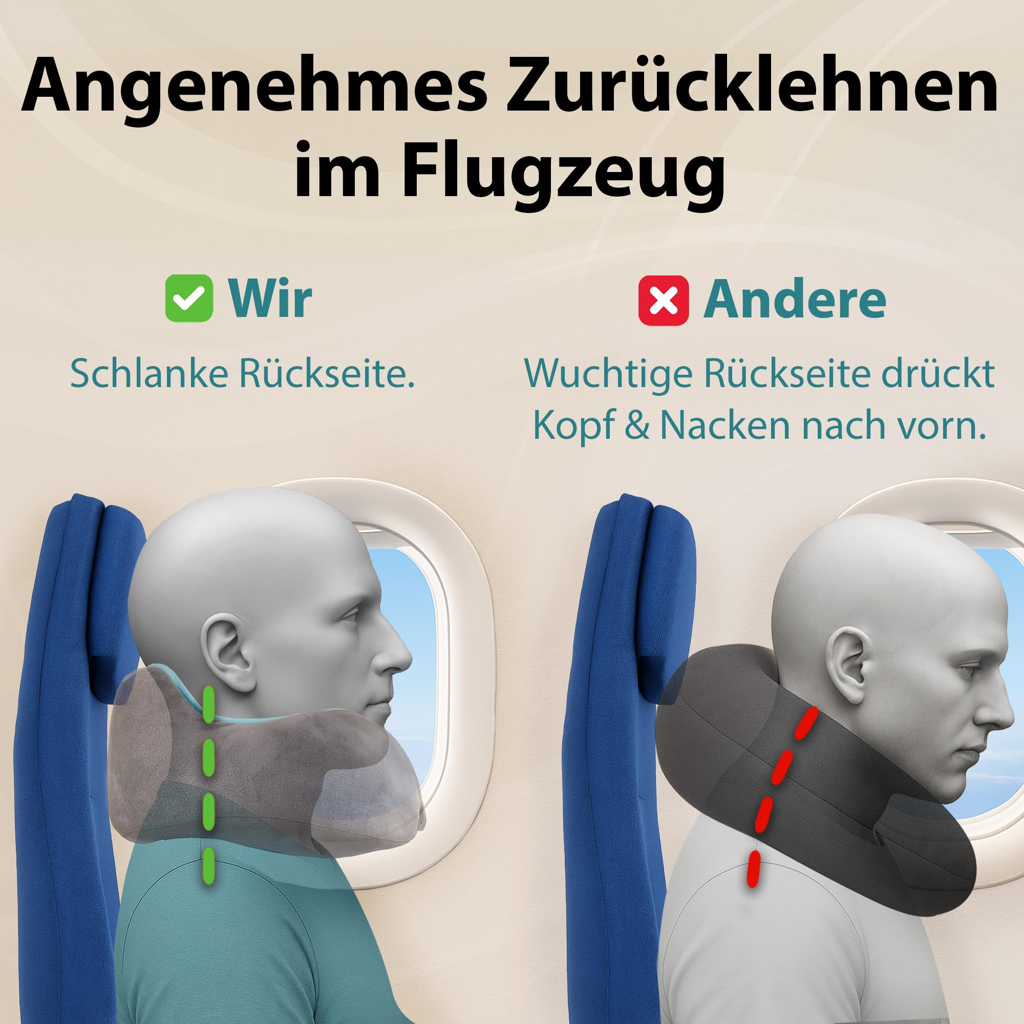 Bequemer Neck Cushion Flugzeug & Auto Reisekissen Memory Foam mit schlankem Rücken und waschbarer Abdeckung (Velvet Soft & Breathable) - Neck Cushion Adults Grey