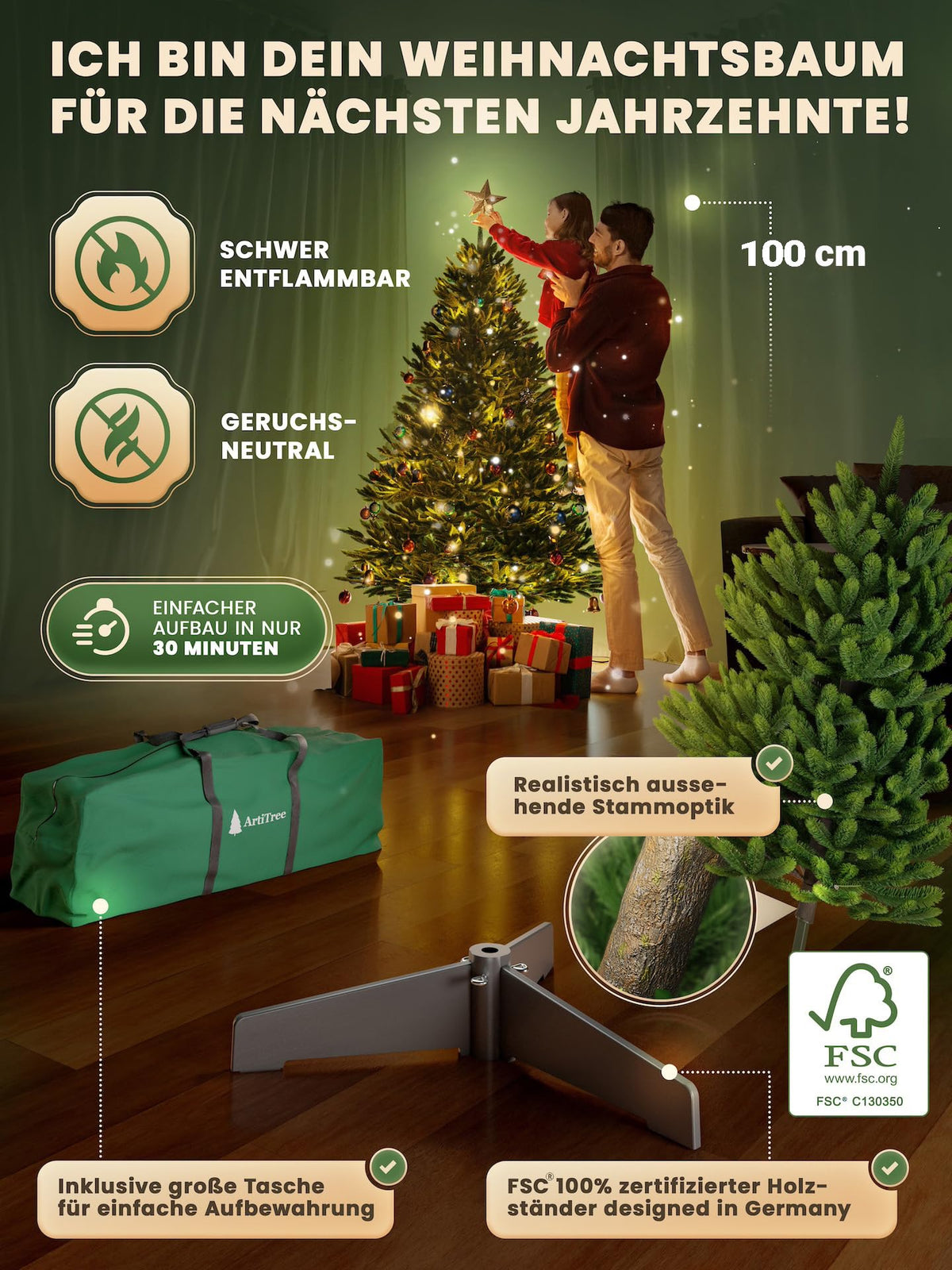 Künstlicher Weihnachtsbaum – 100 % Spritzguss Nordfichte mit LED | Premium Tannenbaum naturgetreu inkl. FSC-Holzständer & Aufbewahrungstasche