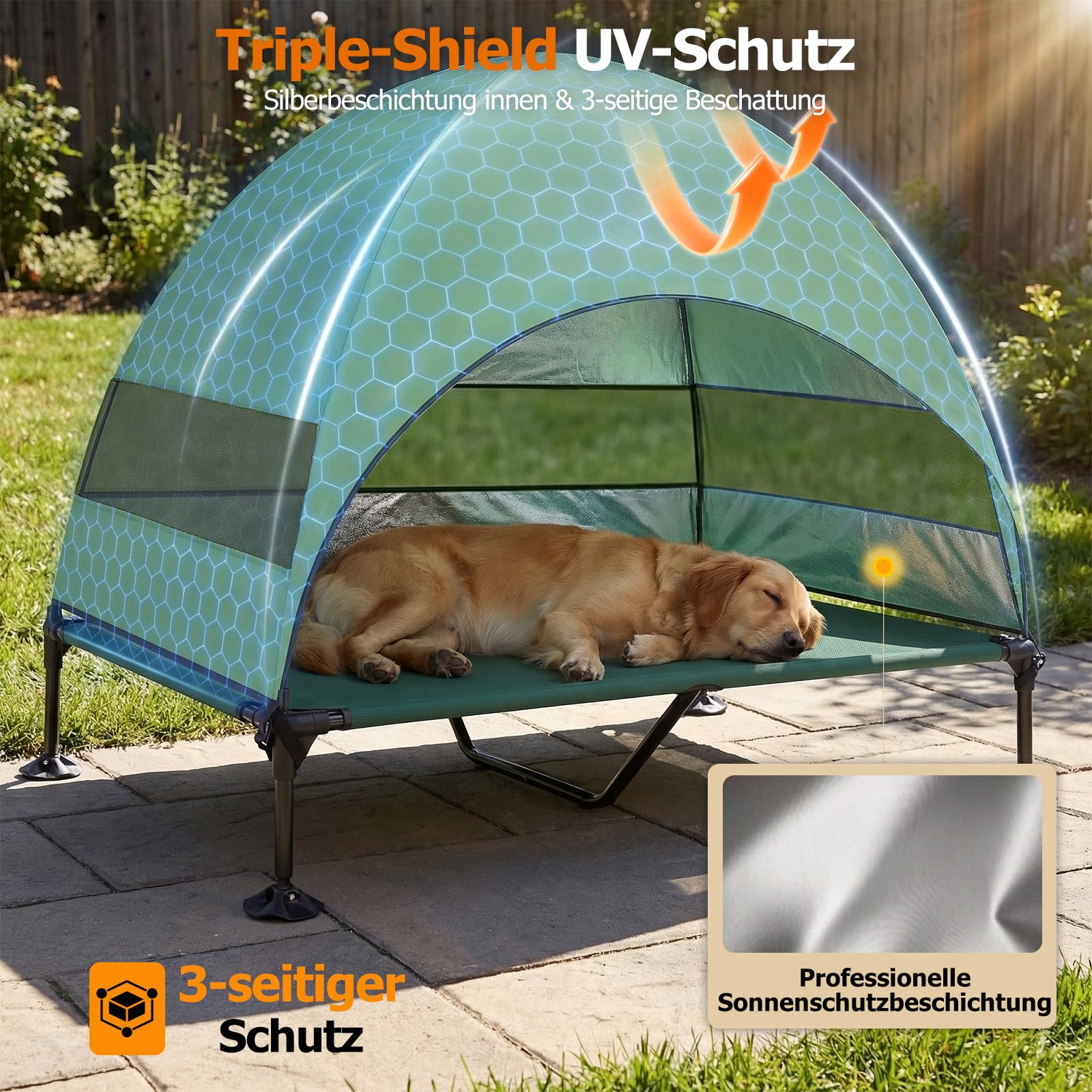 Erhöhtes Hundebett Outdoor mit UV-beständiges Dach，Hundeliege Klappbar mit Anti-Rutsch-Füßen, Hundezelt Outdoor mit Großem Schatten, Kühlendes ErhöHtes Hunde Bett für Camping, Garten & Pool (Grau, L)