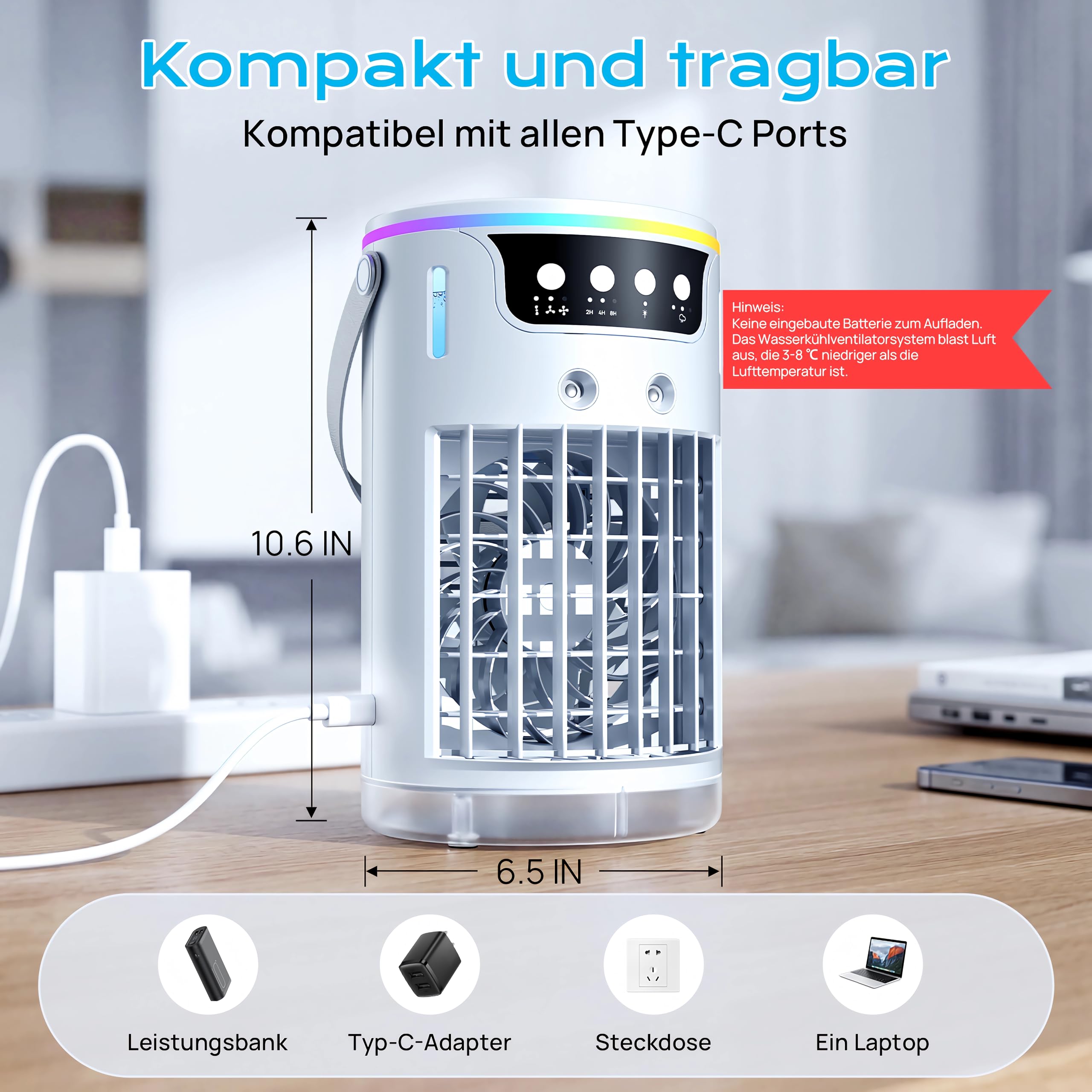 Mini klimaanlage, 1200ml Mobile Klimaanlage mit 3 Geschwindigkeiten & 2-4-8H Timer, Klimaanlage mobil für Schlafzimmer Büro Schreibtisch