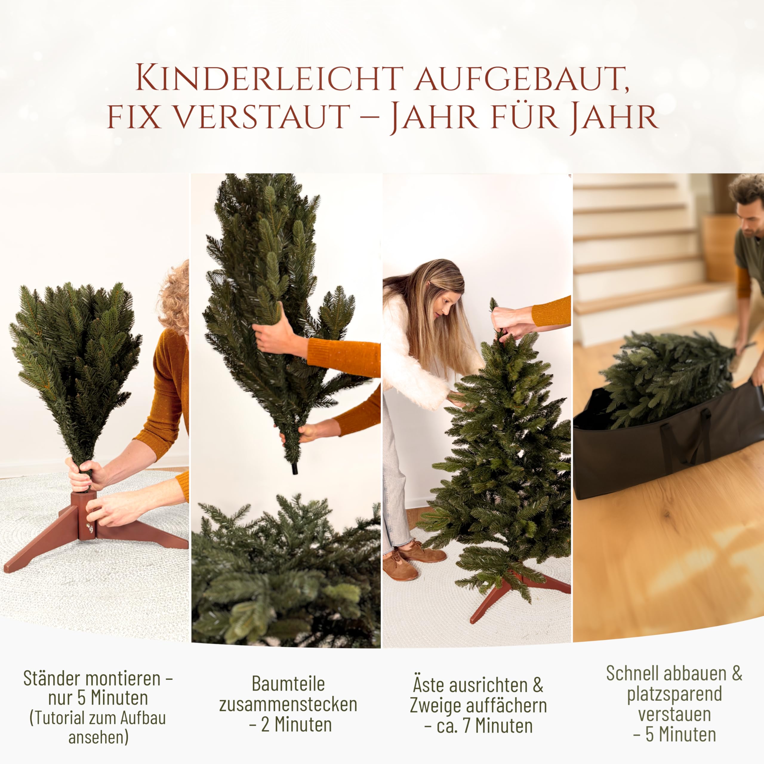Künstlicher Weihnachtsbaum - Lebensähnlich, besonders dichte Äste, einfache Montage, Made in EU - Premium-Weihnachtsbaum mit Holzständer, Aufbewahrungstasche - Eleganter Nordmann Tannenbaum / Varianten Auswahl - Restposten Neu & OVP!