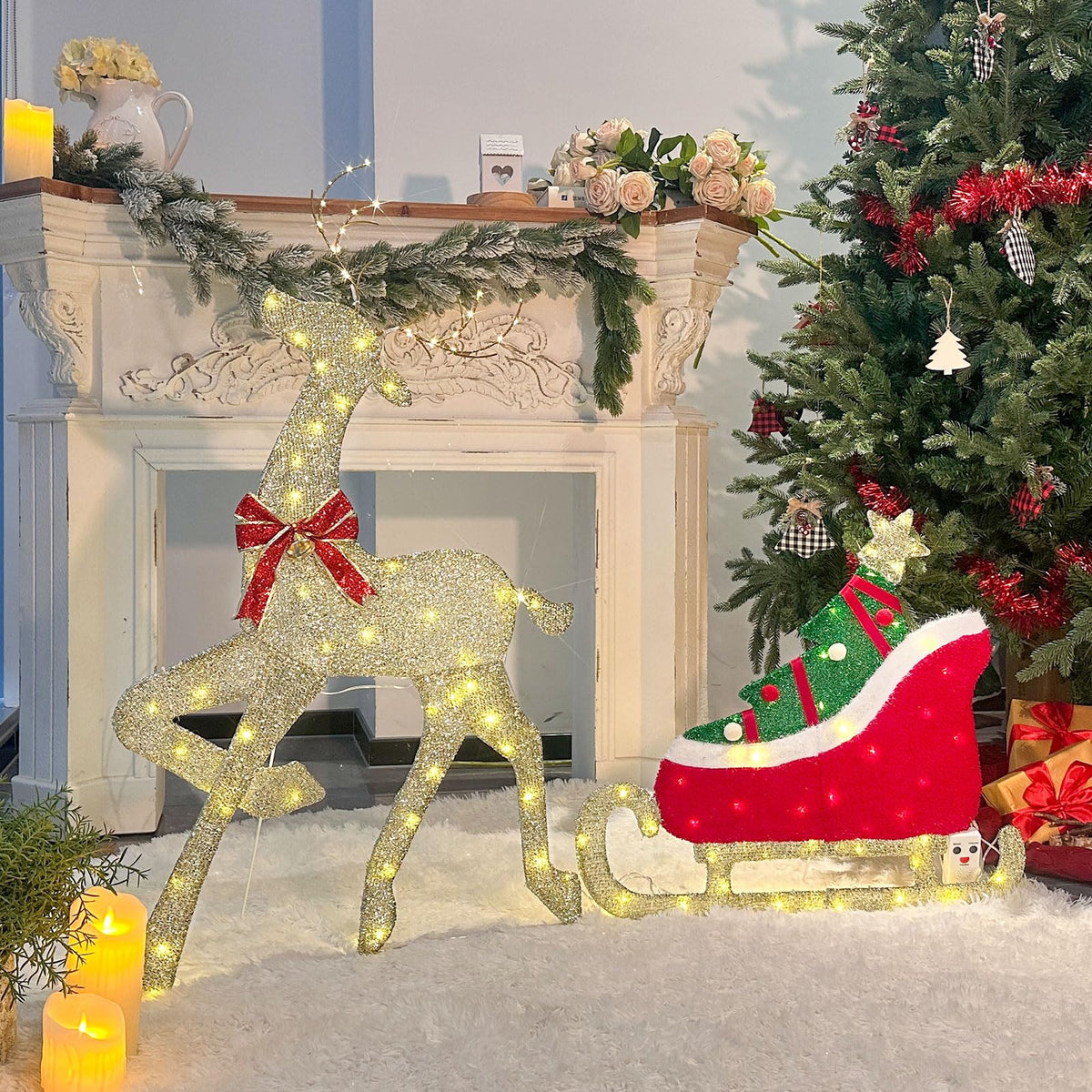 LED Rentier Metall Gold Weiß Eisen Rahmen Beleuchtet Weihnachtshirsch warm weiß Weihnachten Deko für Innen Aussen