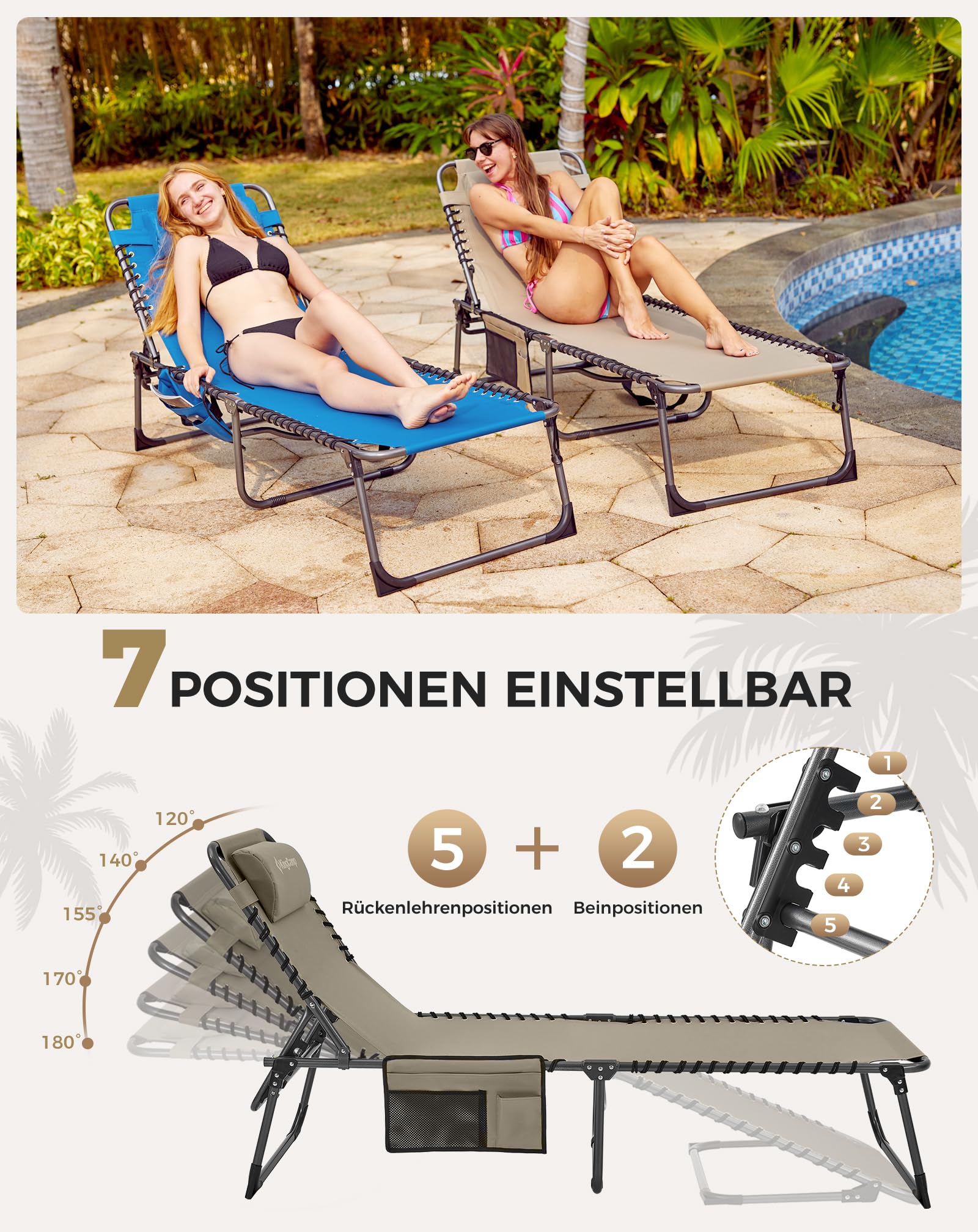 Sonnenliege Klappbar 5-Verstellbare, bis 180 kg, 2er Set, Blau | Gartenliege Klappbar, mit Kopfstütze & Seitentasche, Sonnenliege Wetterfest, Strandliege für Garten Terrasse Pool Camping
