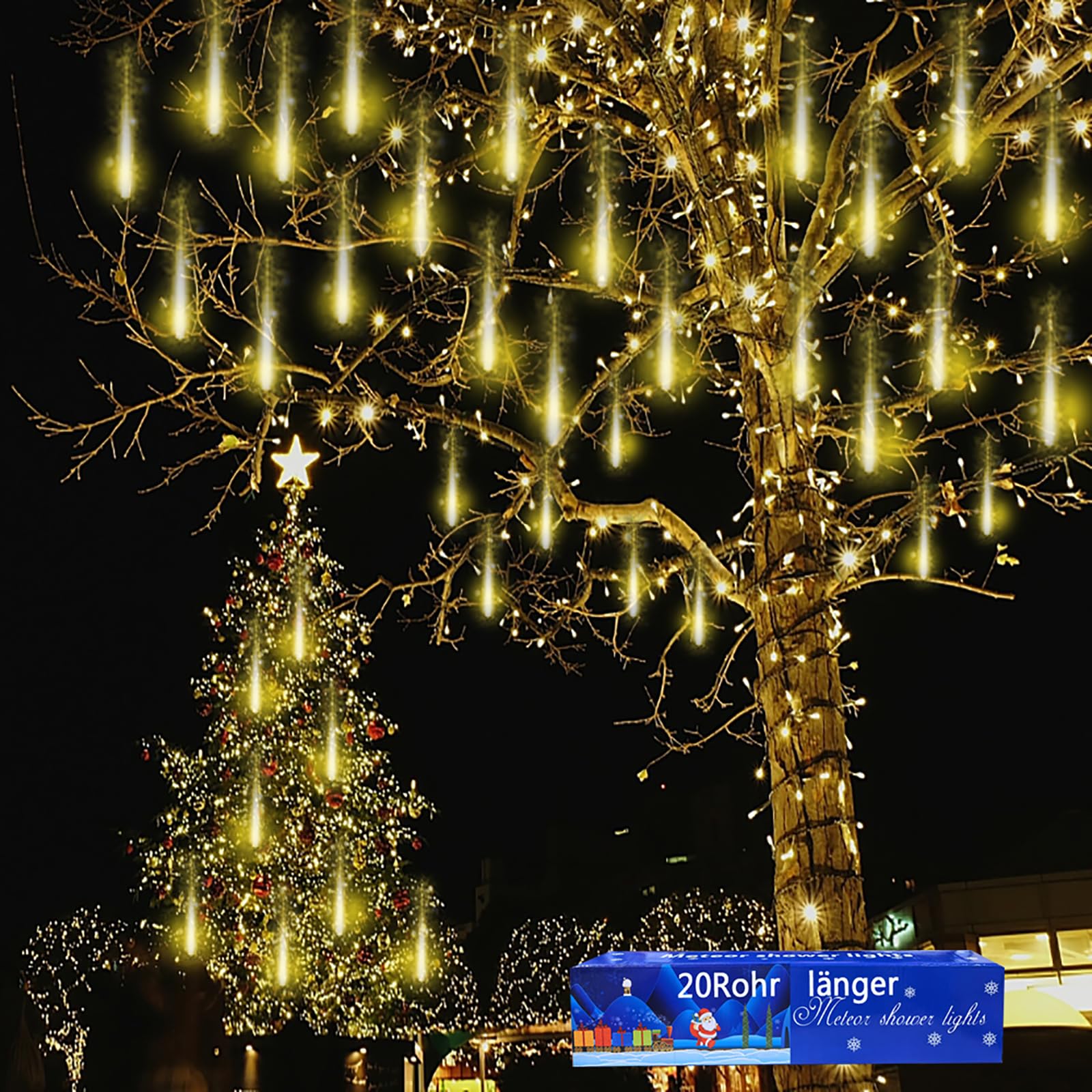 Weihnachtsdekoration im Freien, 20 Röhren (entspricht 2 Sätzen von 10 Röhren) Meteorschauer Feenlichter, wasserdichte Feenlichter für Weihnachten, Halloween, Baumhof, Weihnachtsdekoration im Freien, Blau