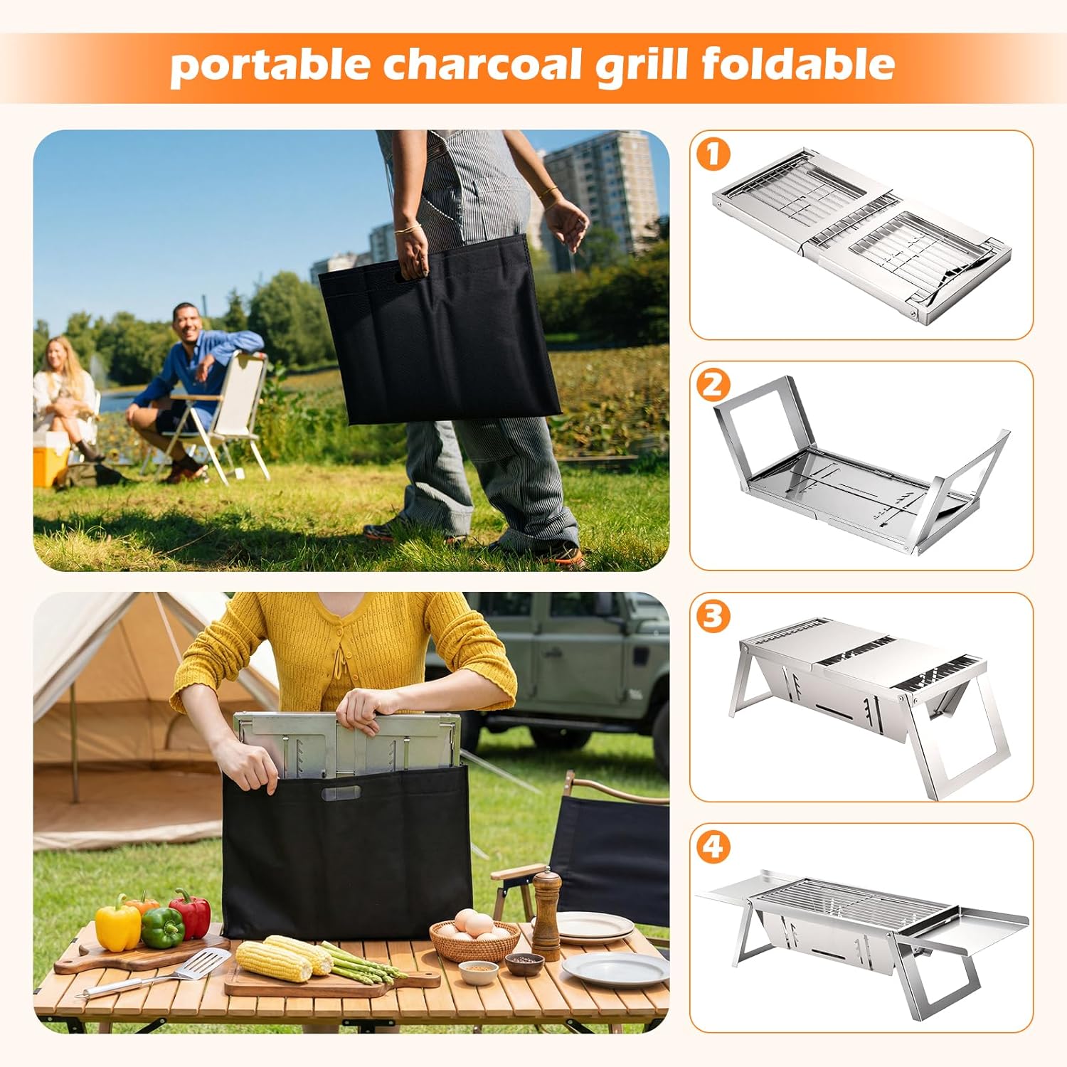 Kleiner Tragbarer Camping Holzkohlegrill, Mini tischgrill holzkohle mit 4-stufiger Hitzeverstellung, reise Klappgrill für Outdoor, Camping, Garten, picknick, Strand & Party Barbecue