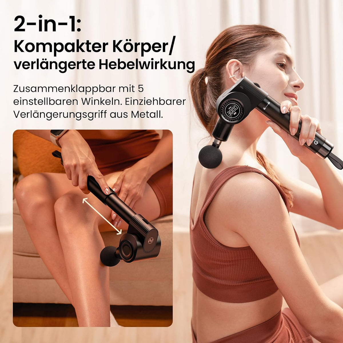 Massagepistole,Napre Faltbare Massage Pistole Massage Gun mit Verlängerungsgriff und Einstellbaren Winkeln,Muskel Percussion Massagegerät für Schulter Körper Rücken,32 Geschwindigkeiten,6 Aufsätze
