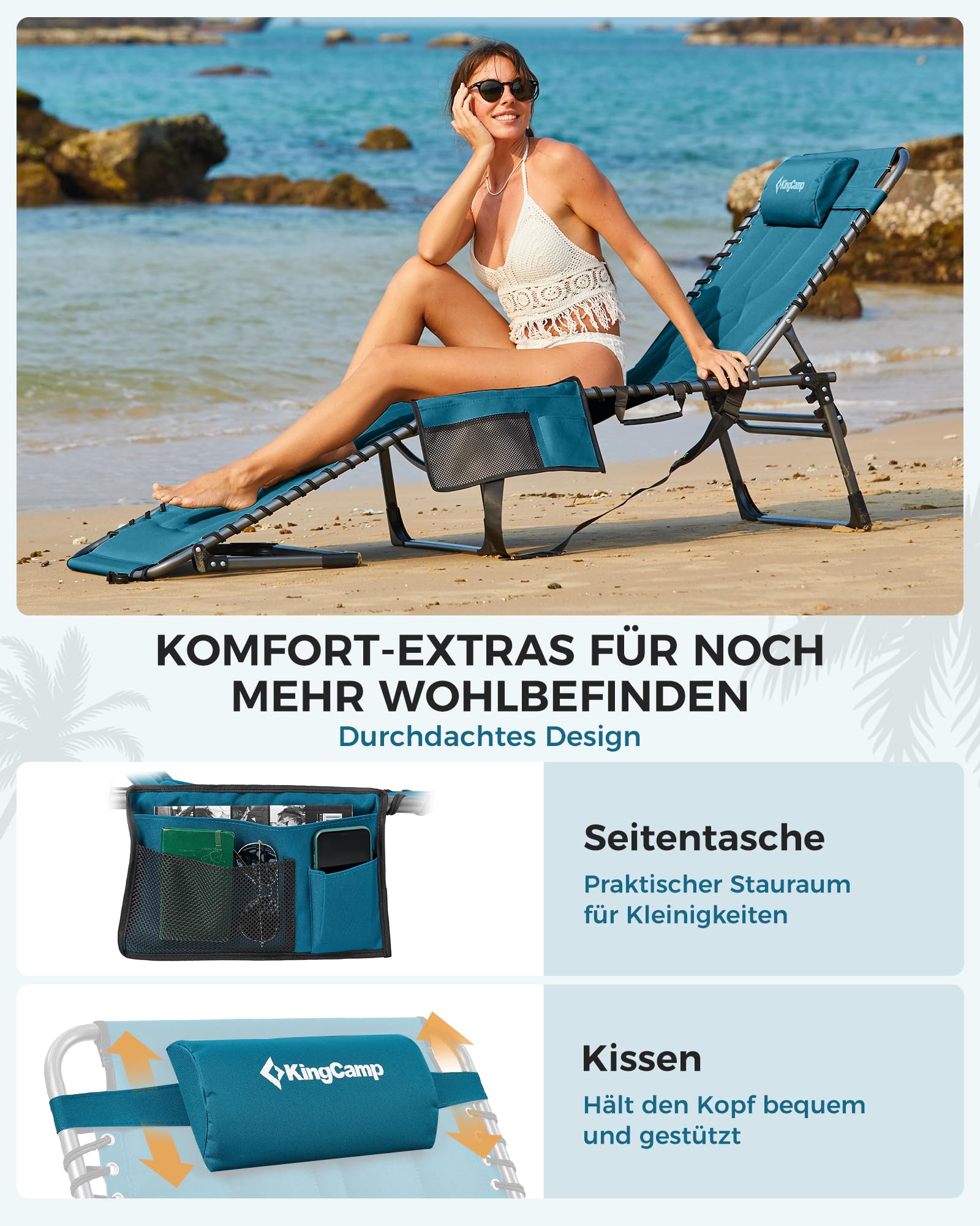 Sonnenliege Klappbar 5-Verstellbare, bis 180 kg, 2er Set, Blau | Gartenliege Klappbar, mit Kopfstütze & Seitentasche, Sonnenliege Wetterfest, Strandliege für Garten Terrasse Pool Camping