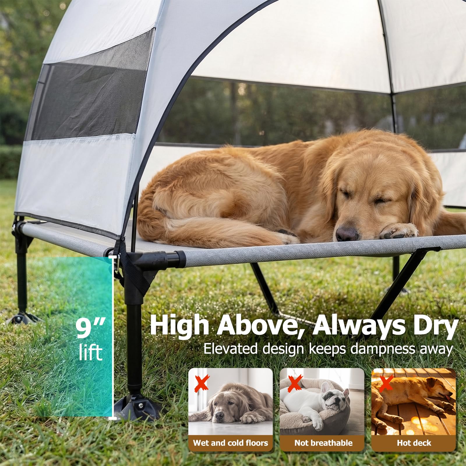 Erhöhtes Hundebett Outdoor mit UV-beständiges Dach，Hundeliege Klappbar mit Anti-Rutsch-Füßen, Hundezelt Outdoor mit Großem Schatten, Kühlendes ErhöHtes Hunde Bett für Camping, Garten & Pool (Grau, L)