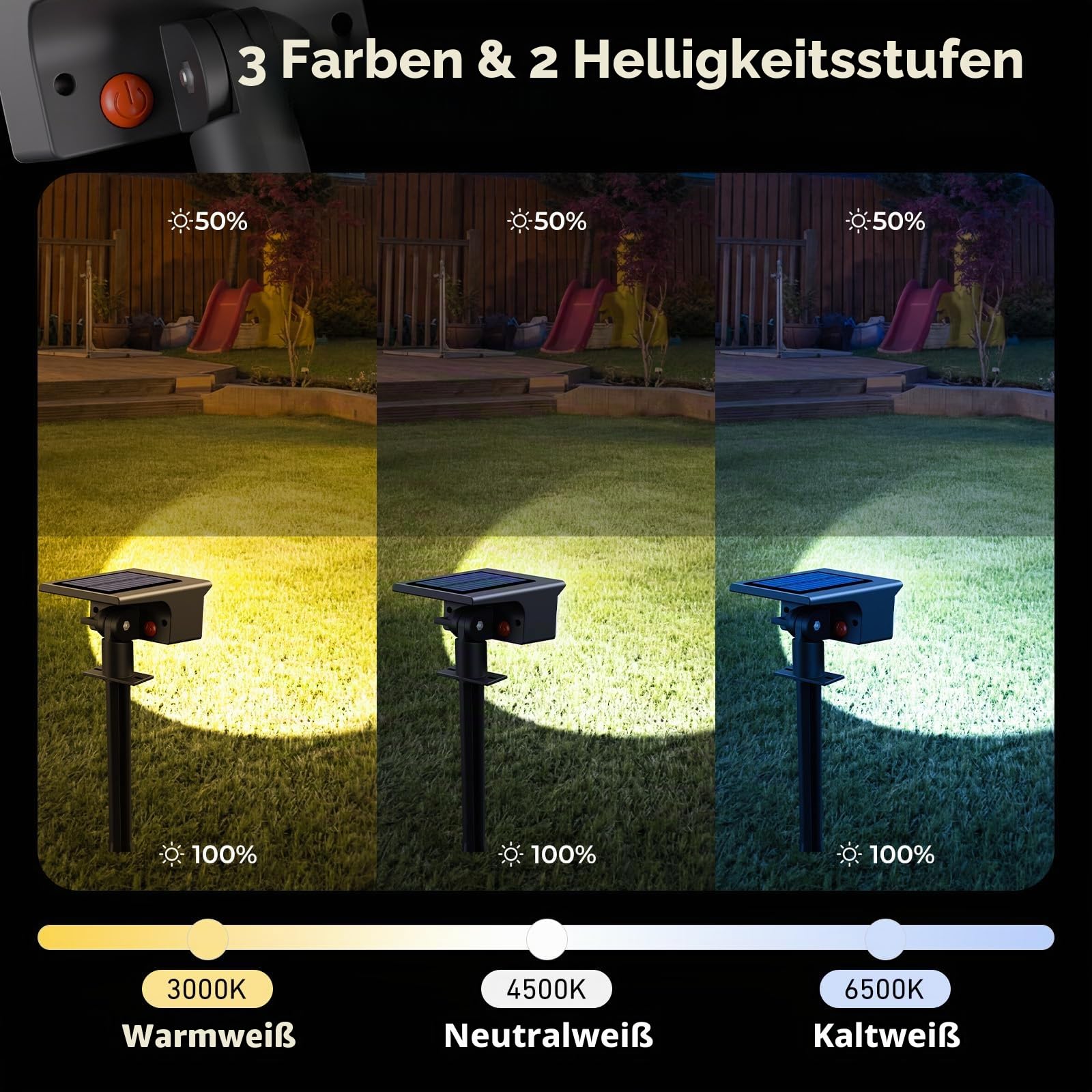 Solarlampen für Außen, 3000/4500/6000K Solarstrahler für Außen Garten 3 Farben IP65 Wasserdicht LED Solar Strahler Gartenleuchten, Solarleuchten für Outdoor Baum Rasen Weg Hof Garage