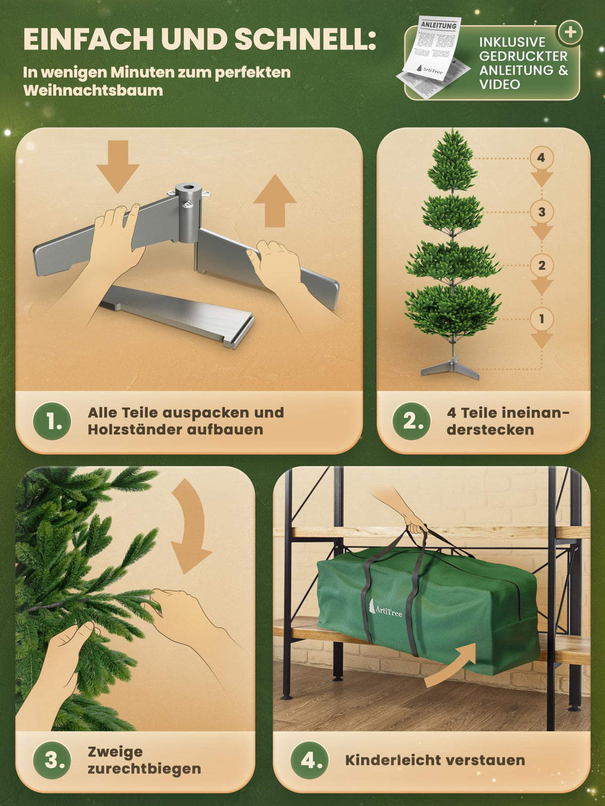 Künstlicher Weihnachtsbaum – 100 % Spritzguss Nordfichte mit LED | Premium Tannenbaum naturgetreu inkl. FSC-Holzständer & Aufbewahrungstasche