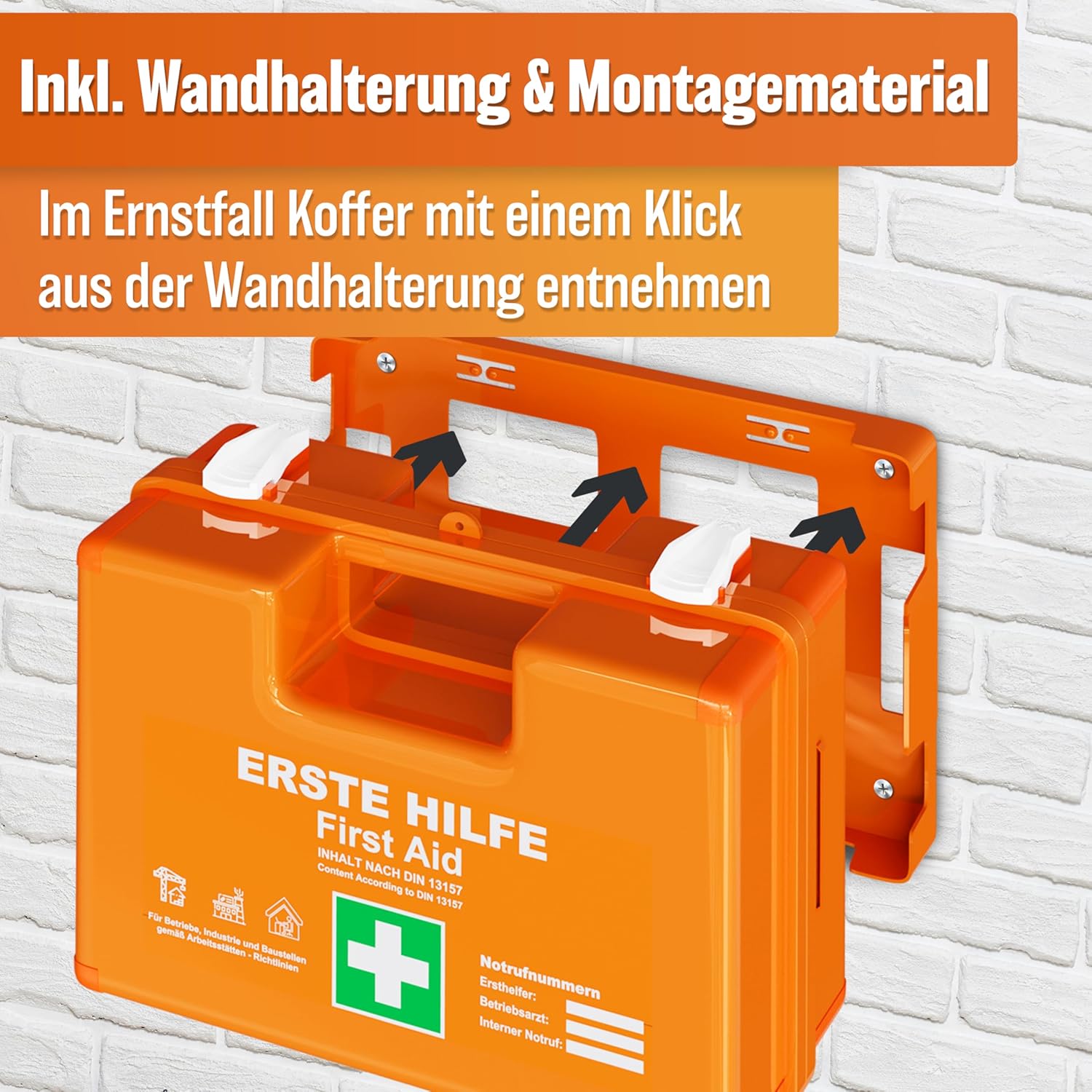 Erste-Hilfe-Box nach DIN 13157:2021 Inklusive Wandmontage & Aufkleber, universeller Erste-Hilfe-Fall für Unternehmen, Haushalte oder Catering - Büro-Erste-Hilfe-Box gefüllt, Sanitärbox