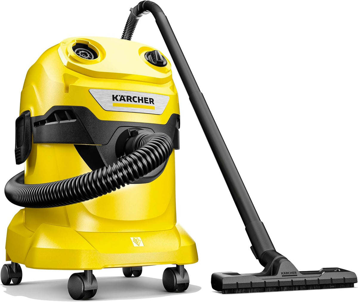 KÄRCHER WD 4 V-20/5/22 Nass-& Trockensauger, 20 l Kunststoffbehälter, 5 m Kabel, 2,2 m Saugschlauch, Clips-Bodendüse, „Pull & Push“-Verschlusssystem, Flachfaltenfilter und Vliesfilterbeutel, Gelb