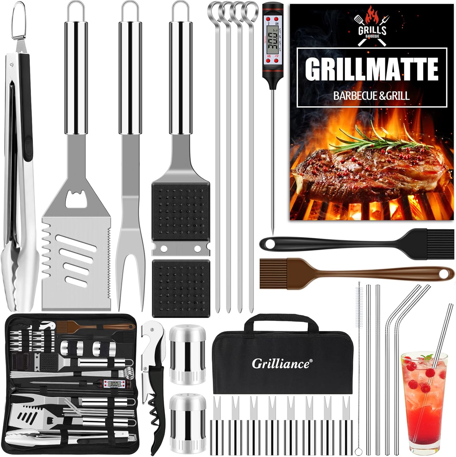 BBQ Grillbesteck Set 30 Grillzubehör aus Hochwertiger Edelstahl Grillzange Grillspachtel Korkenzieher Grillset mit Grillkoffer und Grillmatte für Männer Geschenk für Garten Camping Braun