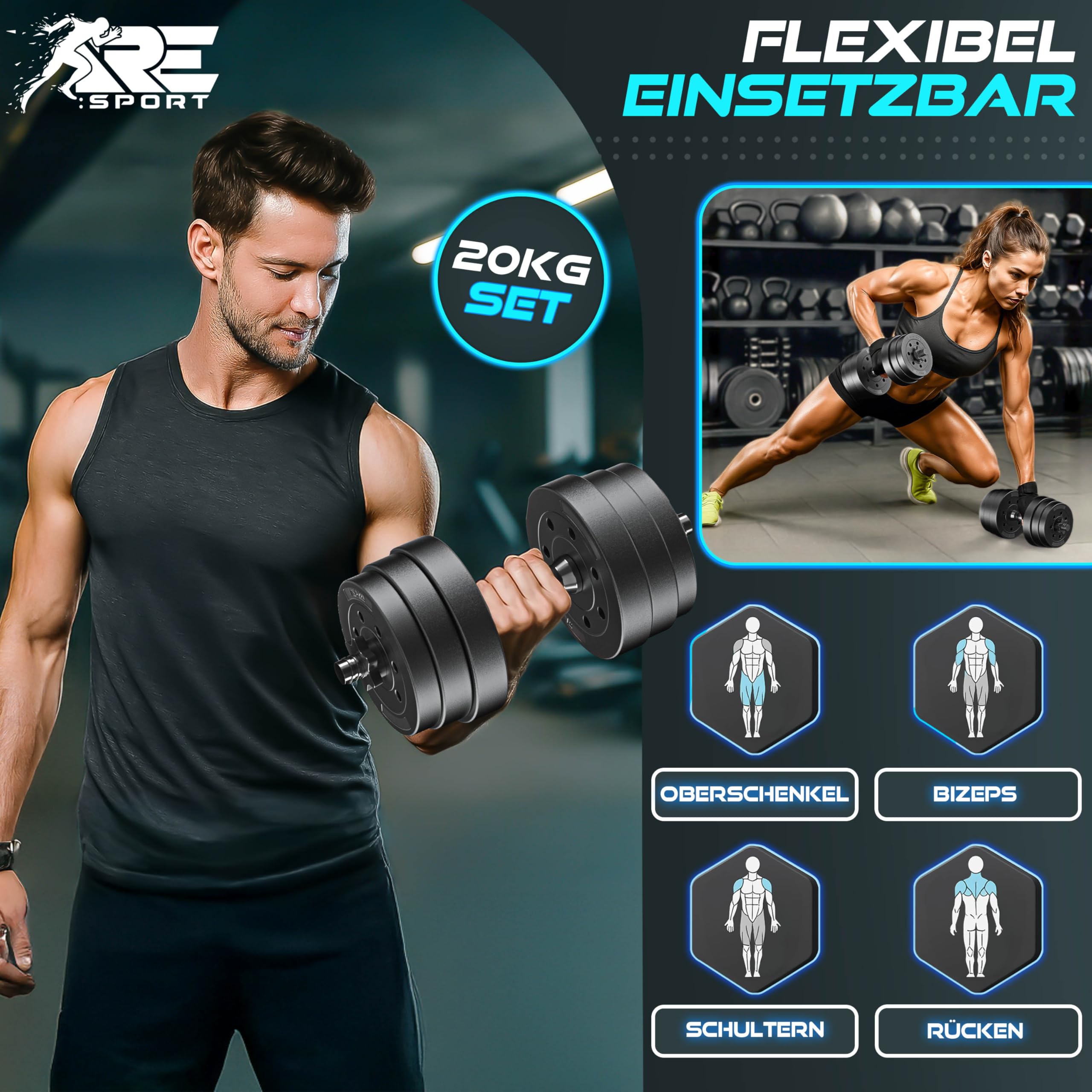 2er Hanteln Set verstellbar 20 kg | Hantelset mit 2 Kurzhanteln | Hantel mit Gewichten & 4 Sternverschlüsse | Fitness Kurzhantel für Muskelaufbau, Workout & Zuhause
