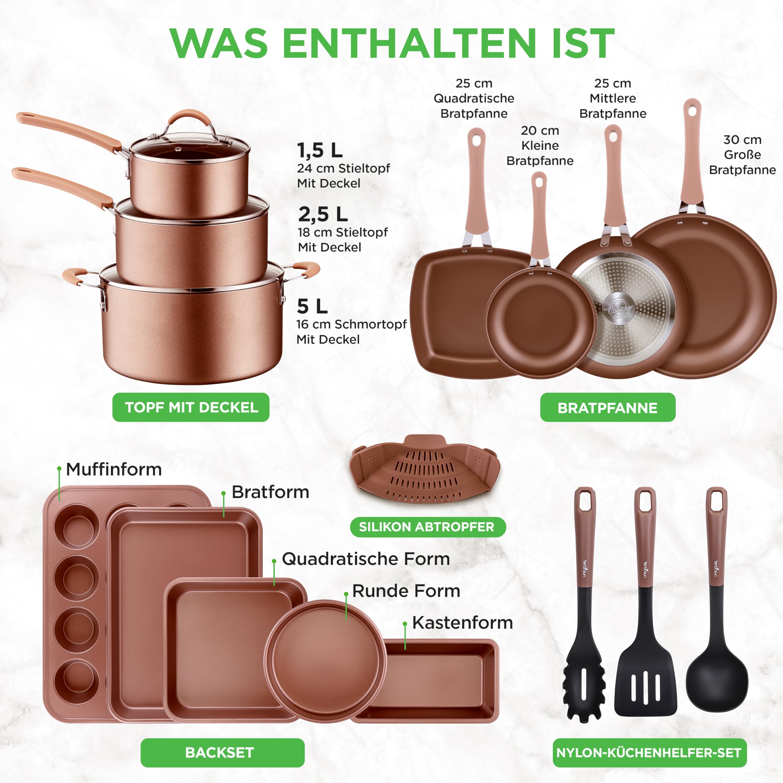 20-teiliges Non-Stick-Saucepan, Pfannen- und Backformset - Kochset PFOA/PFOS frei für Gas, Strom, Keramik und Induktion - Enthält Pfannen, Töpfe, Backdosen, Laibdose, Muffinform