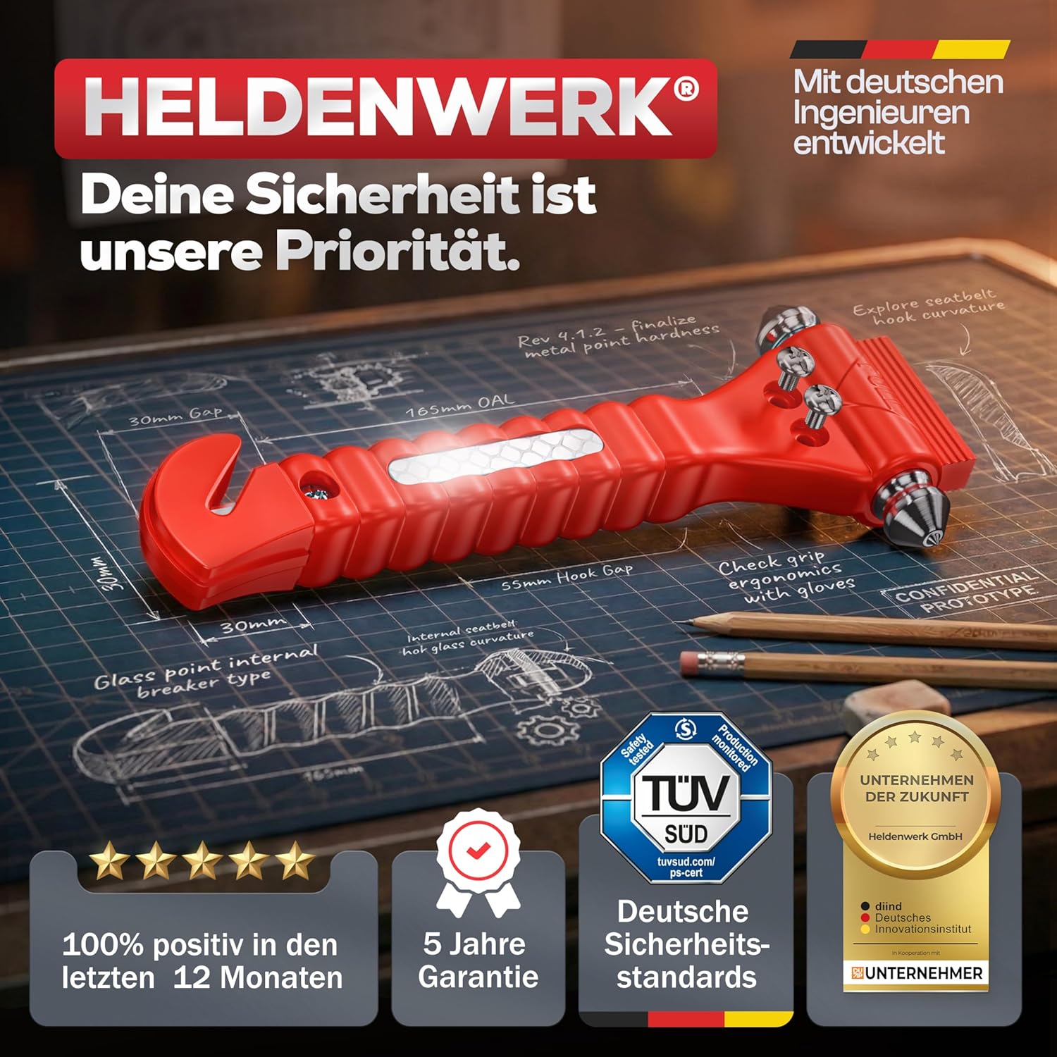 Nothammer Auto mit Gurtschneider TÜV GS Zertifiziert [2er Set] - Notfallhammer mit gehärteten Spitzen und Reflektoren - Notfall Hammer, Sicherheitshammer mit Gurtmesser