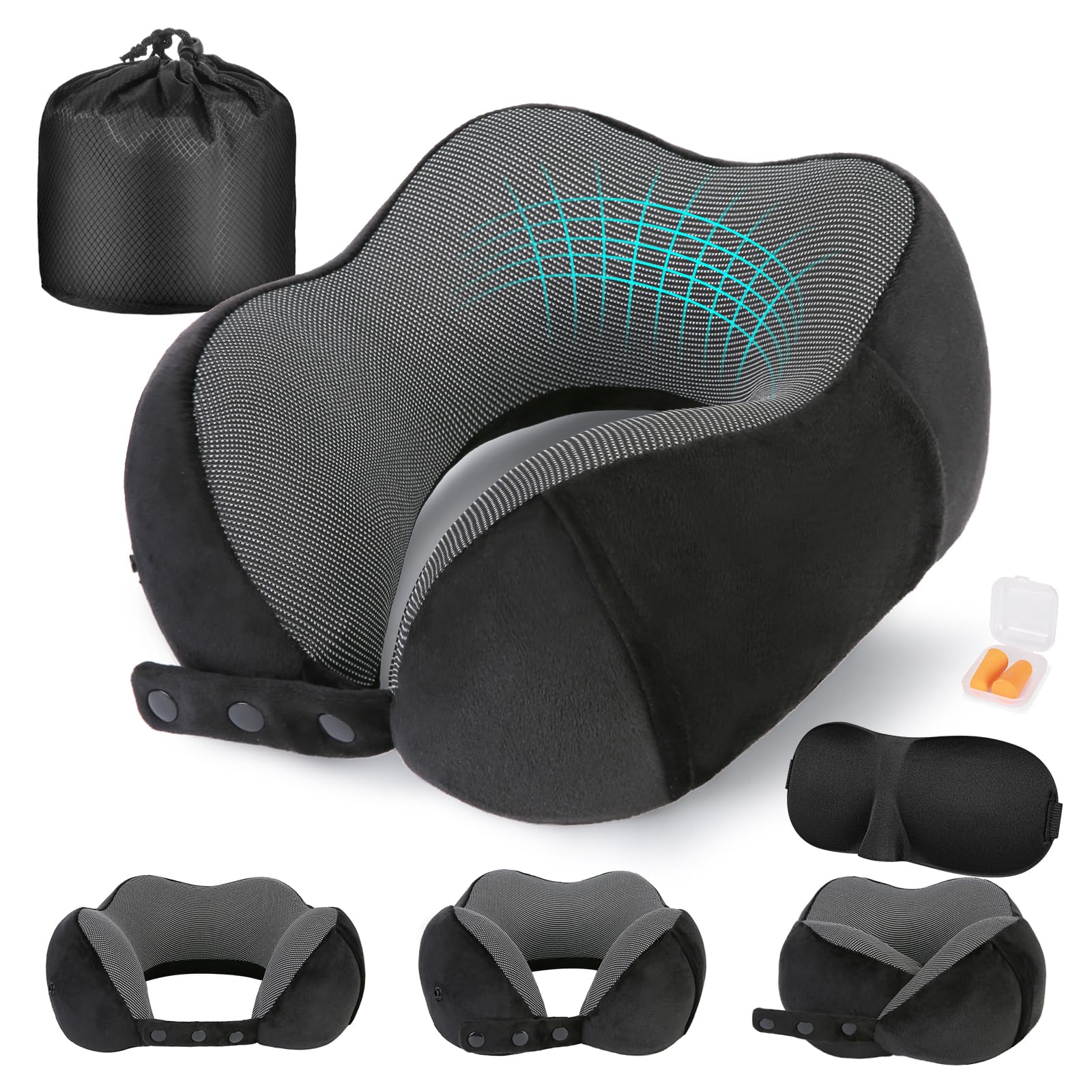 Cirorld Nackenkissen Flugzeug, Nackenhörnchen Erwachsene, Reisekissen Memory Foam, Verstellbares Kompaktes Nackenkissen Reise, Ergonomisches Weich Atmungsaktiv mit Ohrstöpseln, Augenmaske,Tragetasche