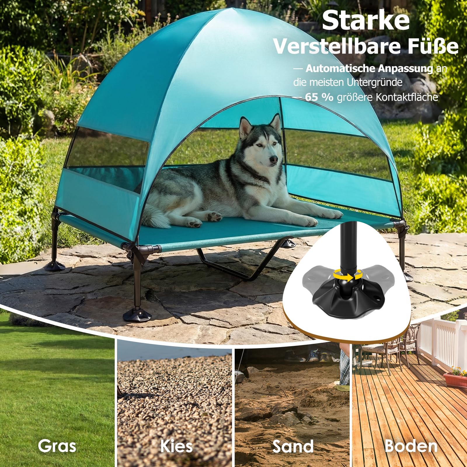 Erhöhtes Hundebett Outdoor mit UV-beständiges Dach，Hundeliege Klappbar mit Anti-Rutsch-Füßen, Hundezelt Outdoor mit Großem Schatten, Kühlendes ErhöHtes Hunde Bett für Camping, Garten & Pool (Grau, L)