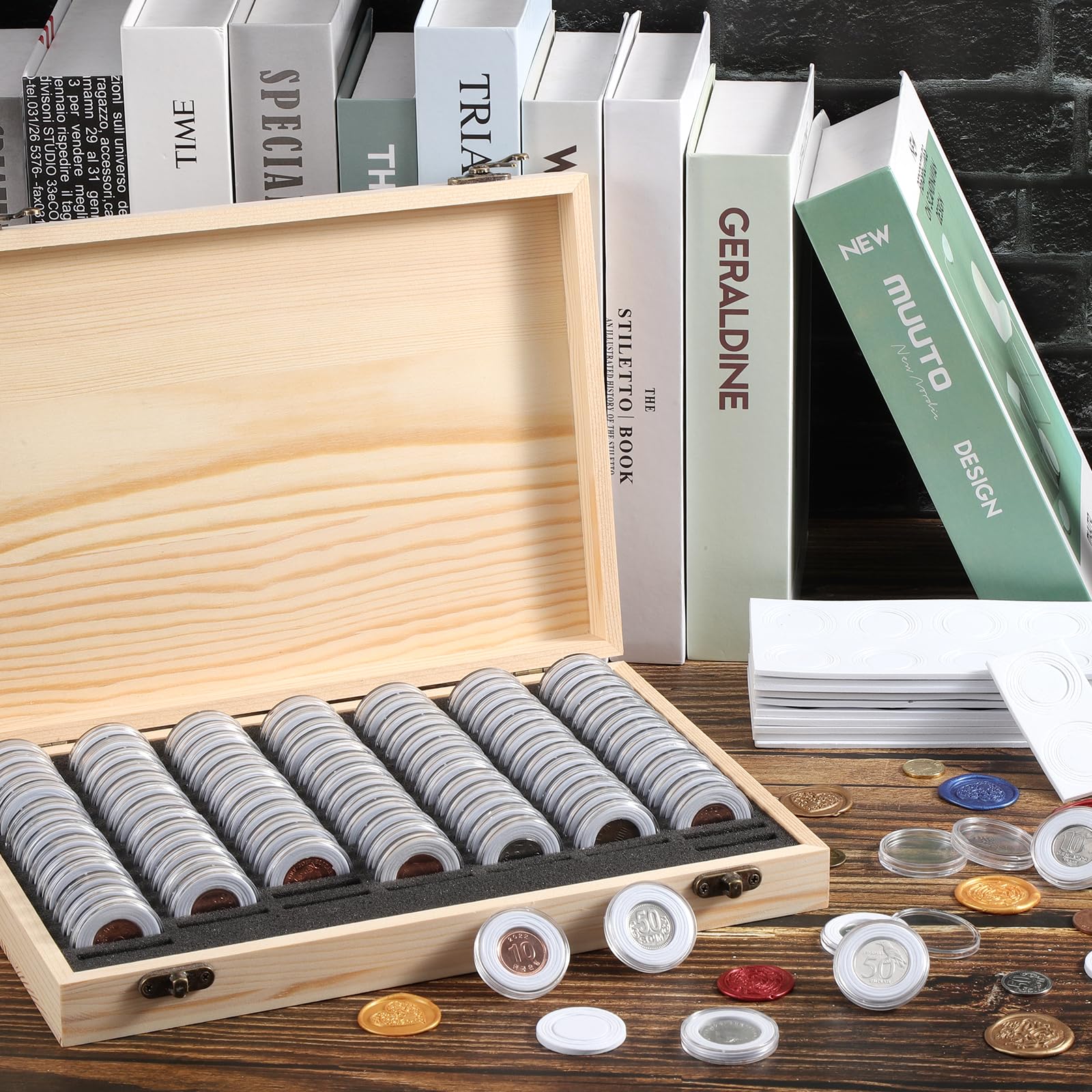Münzaufbewahrungsbox Holzmünzenhalter / Kapseln mit runden Münzkapseln für Münzsammlung 18/21/25/27/30 mm