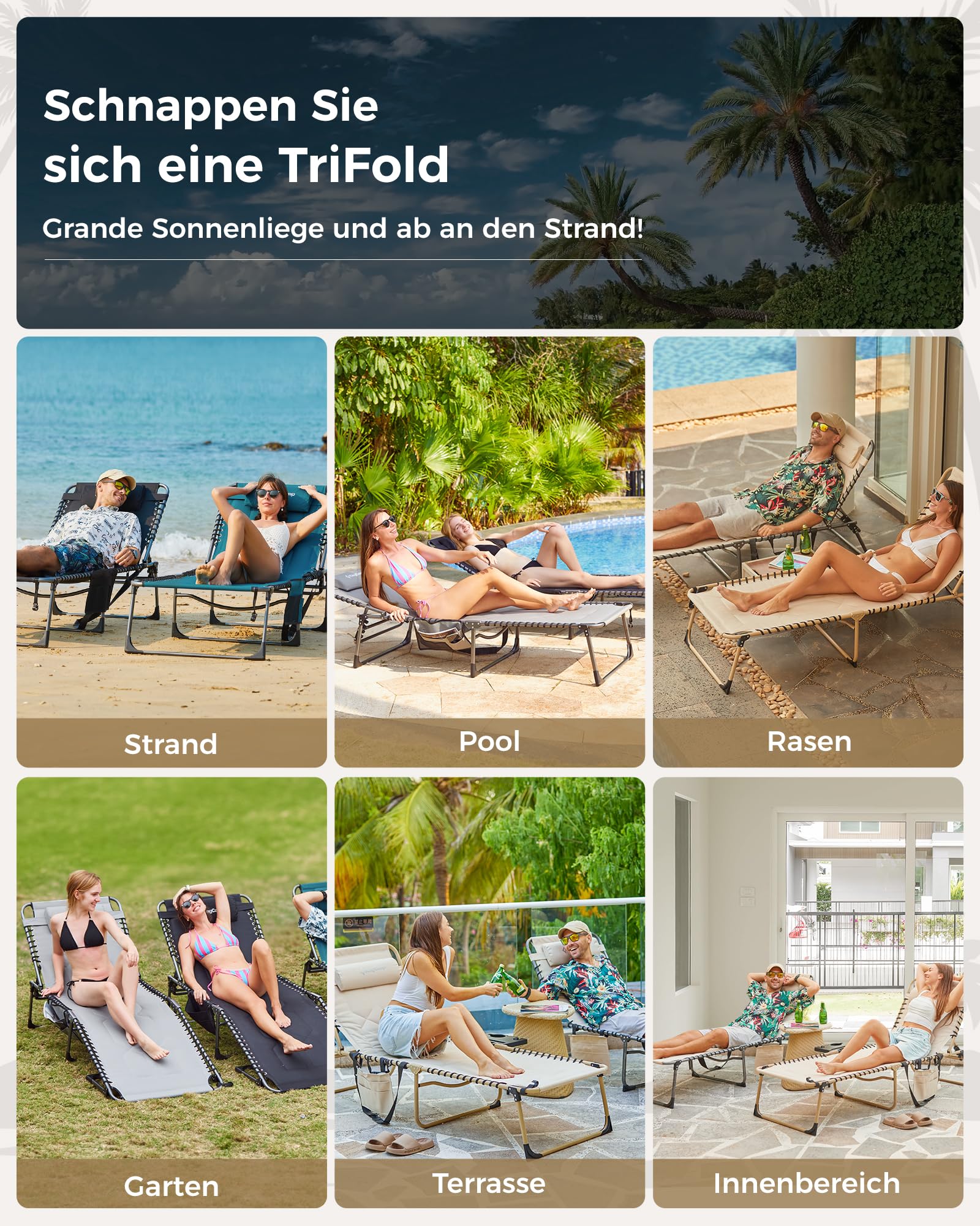Sonnenliege Klappbar 5-Verstellbare, bis 180 kg, 2er Set, Blau | Gartenliege Klappbar, mit Kopfstütze & Seitentasche, Sonnenliege Wetterfest, Strandliege für Garten Terrasse Pool Camping