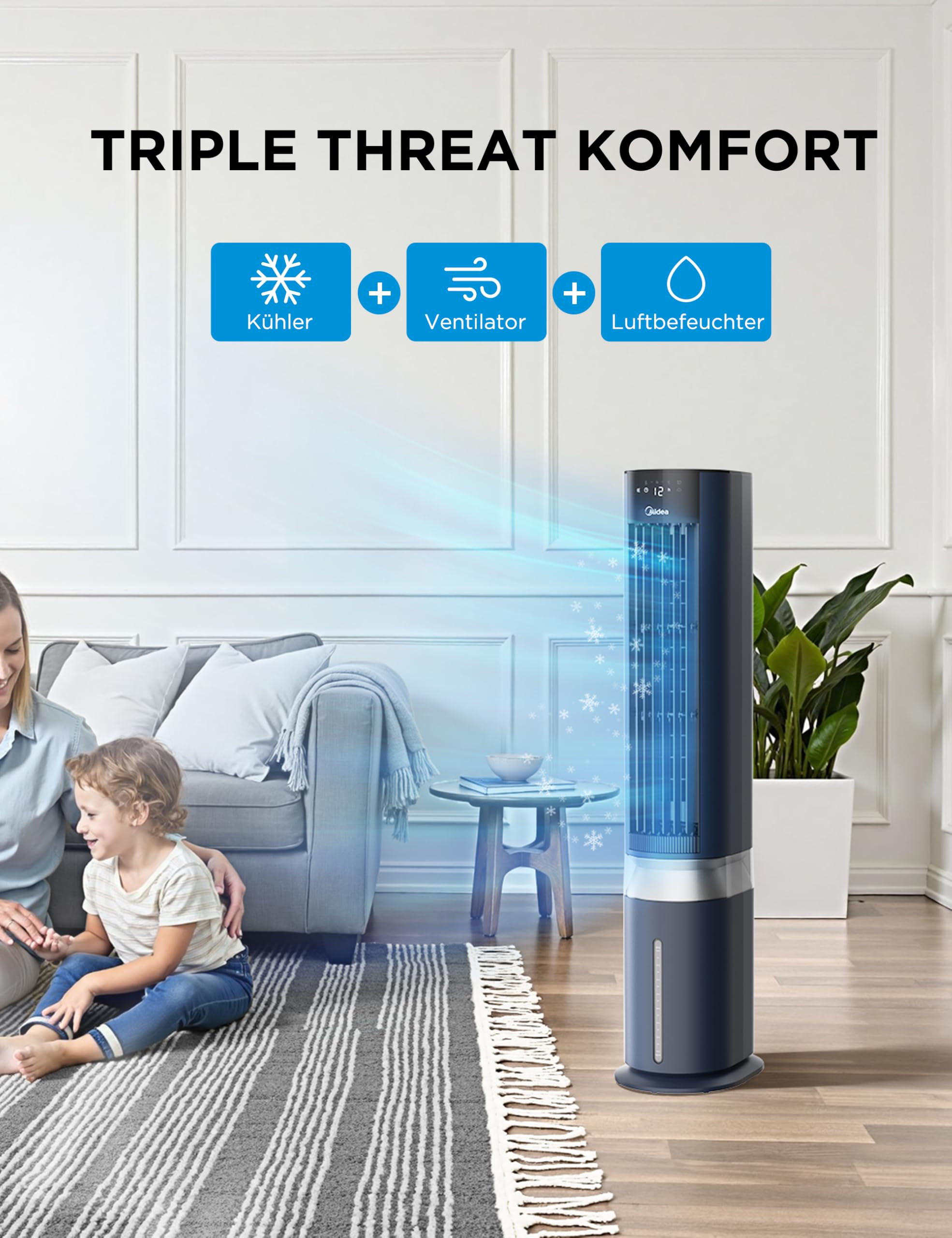 4-in-1 Mobile Klimaanlage Leiser:Luftkühler,Turmgebläse,Luftbefeuchter und Luftreiniger,mit Fernbedienung,5L Wassertank,355m³/h Luftdurchsatz,55W,LED-Display,Timer,Weiß