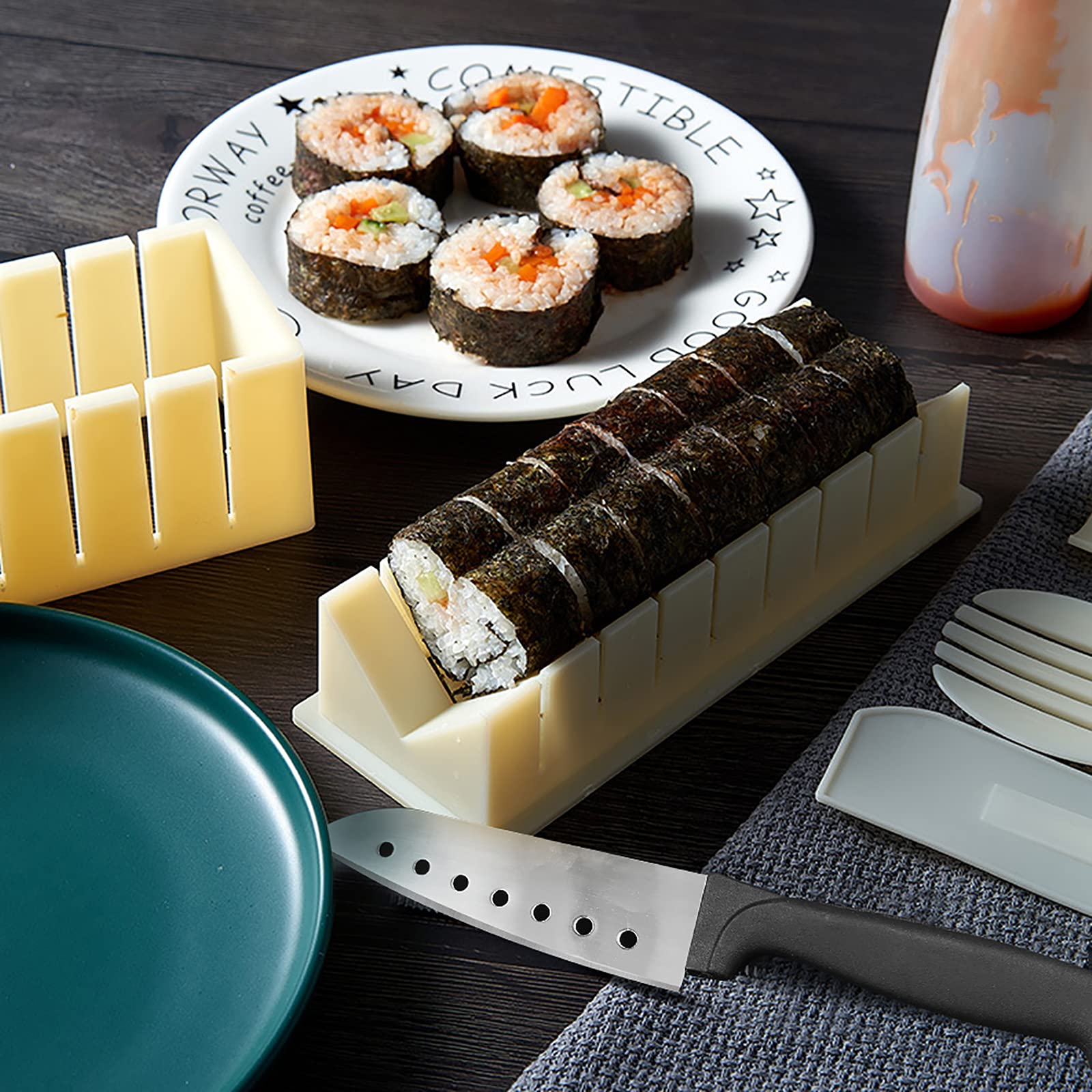 Sushi Set, 20-teiliges Kit für Anfänger, um sich selbst Sushi zu machen, Sushi-Platte mit Reisrollenformen, Gabel, Messer, Rollmatte, Sticks