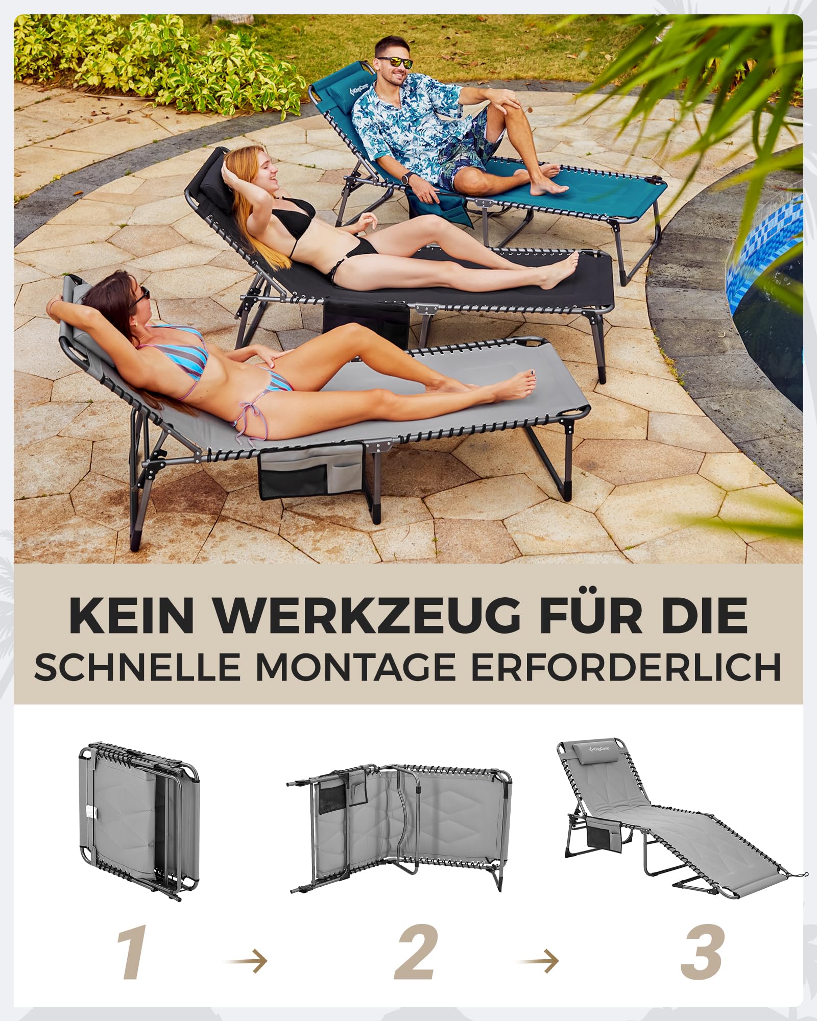 Sonnenliege Klappbar 5-Verstellbare, bis 180 kg, 2er Set, Blau | Gartenliege Klappbar, mit Kopfstütze & Seitentasche, Sonnenliege Wetterfest, Strandliege für Garten Terrasse Pool Camping