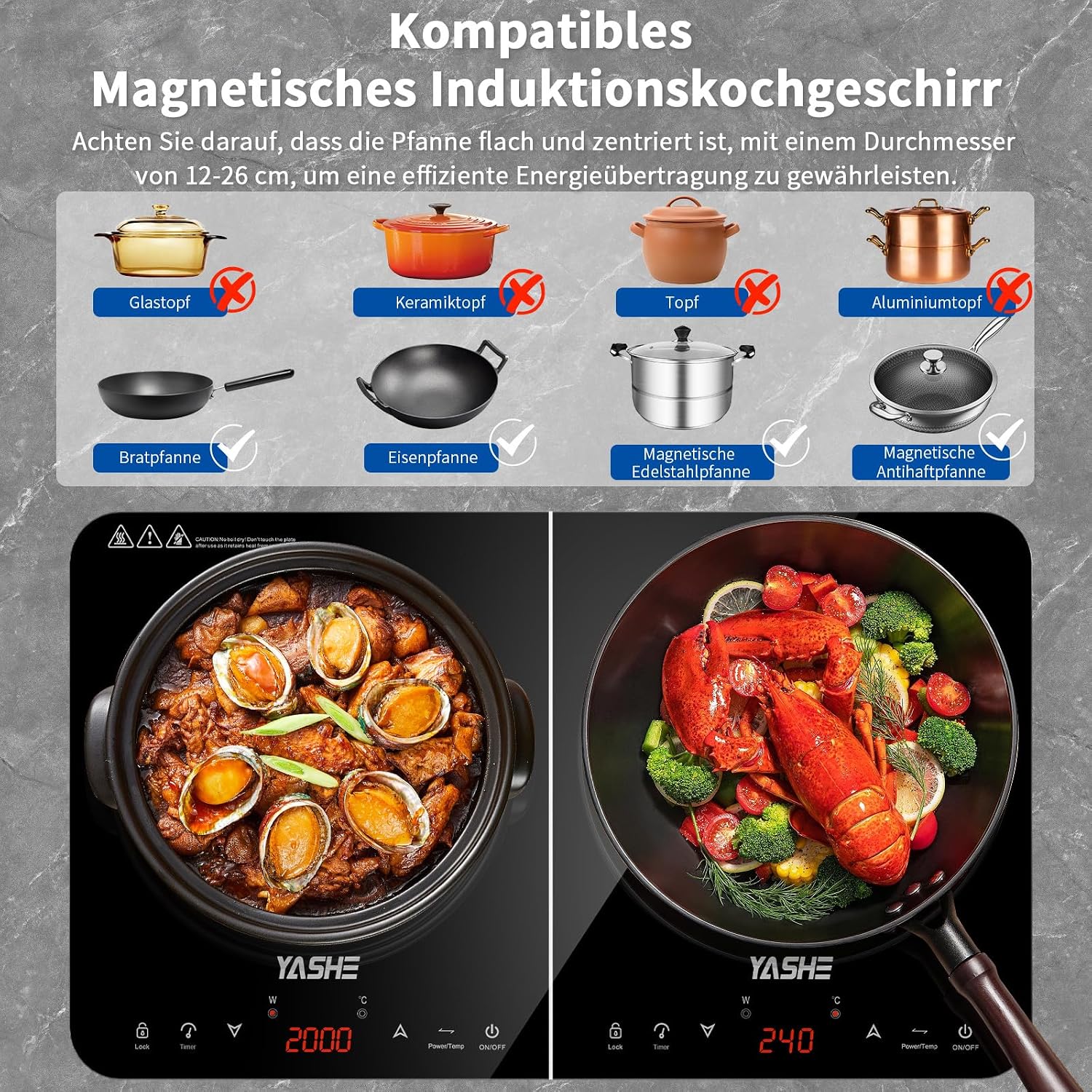 Induktionskochfeld – Einzel Induktionskochplatte, 10-Leistungseinstellung und 10-Temperaturstufen, 2000W Induktionskochfeld 1 Platte, 4-Stunden-Timer, Sicherheitsschloss, Mobil