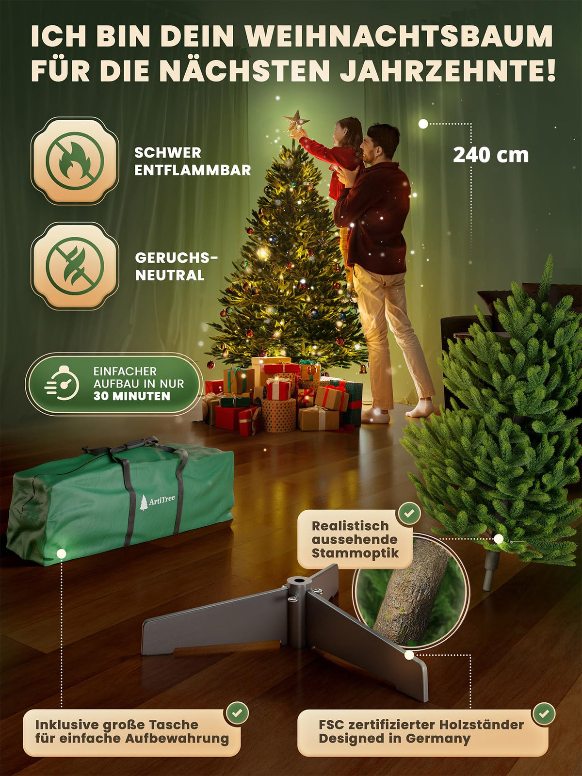 Künstlicher Weihnachtsbaum – 100 % Spritzguss Nordfichte mit LED | Premium Tannenbaum naturgetreu inkl. FSC-Holzständer & Aufbewahrungstasche