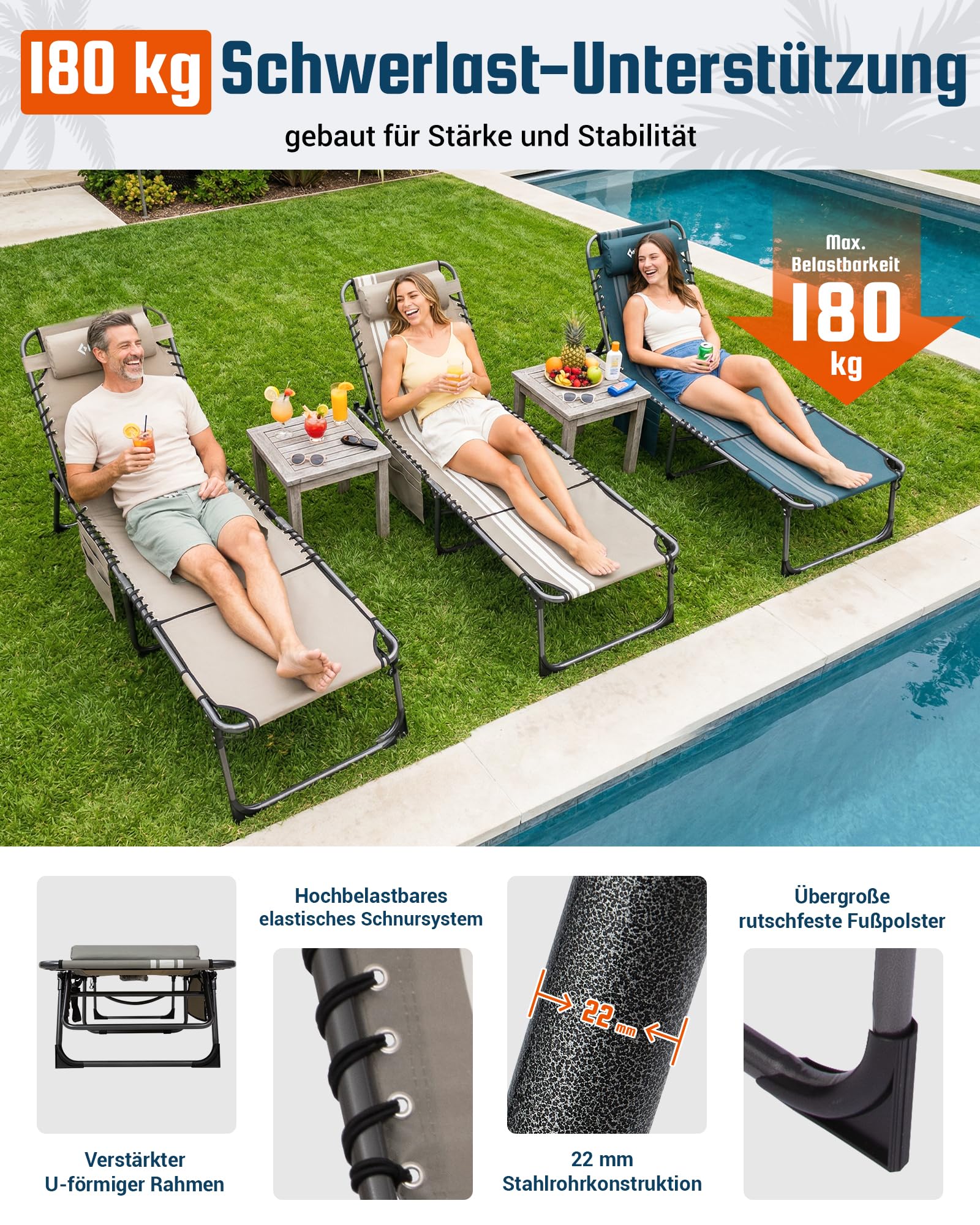 Sonnenliege Klappbar 5-Verstellbare, bis 180 kg, 2er Set, Blau | Gartenliege Klappbar, mit Kopfstütze & Seitentasche, Sonnenliege Wetterfest, Strandliege für Garten Terrasse Pool Camping