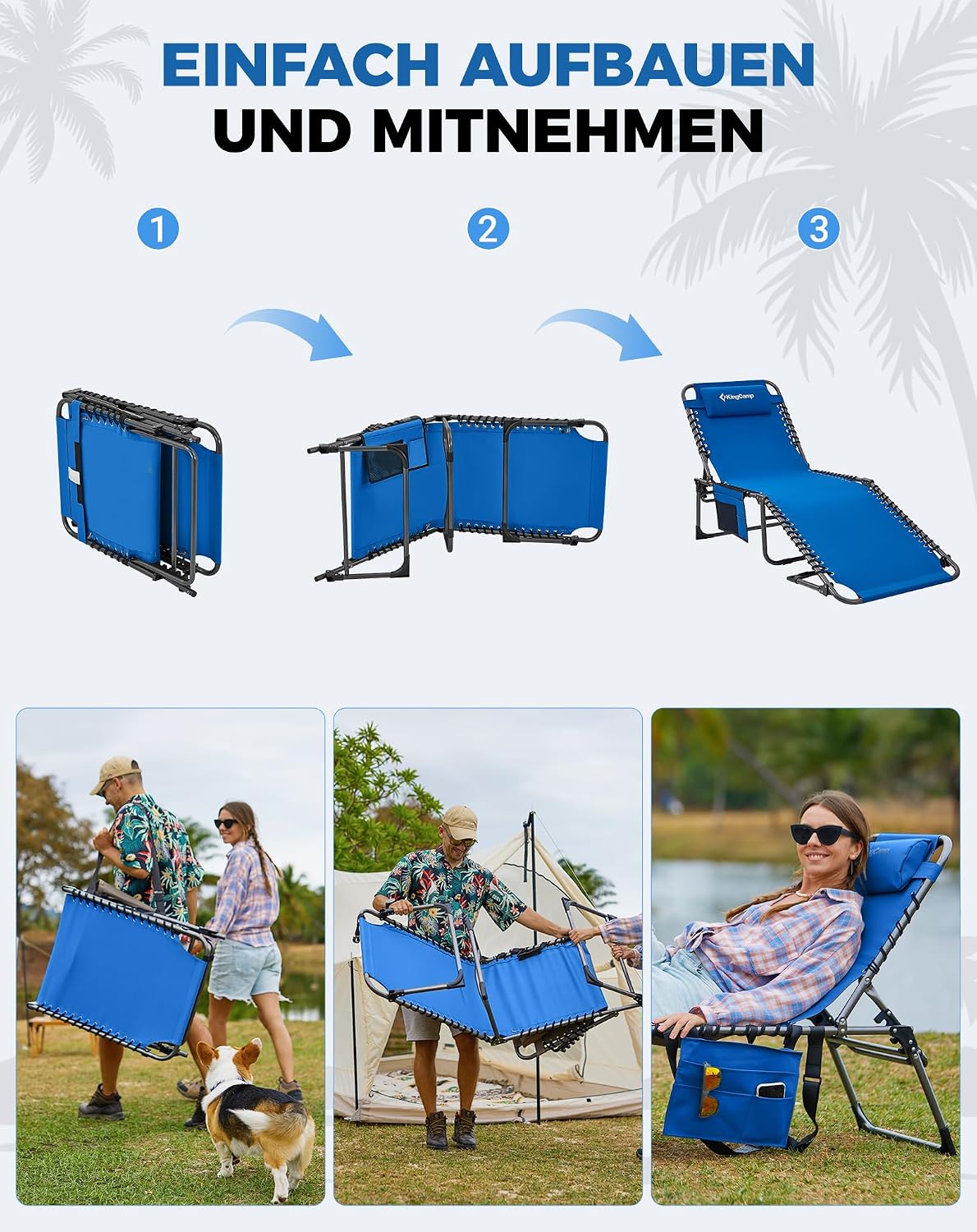 Sonnenliege Klappbar 5-Verstellbare, bis 180 kg, 2er Set, Blau | Gartenliege Klappbar, mit Kopfstütze & Seitentasche, Sonnenliege Wetterfest, Strandliege für Garten Terrasse Pool Camping