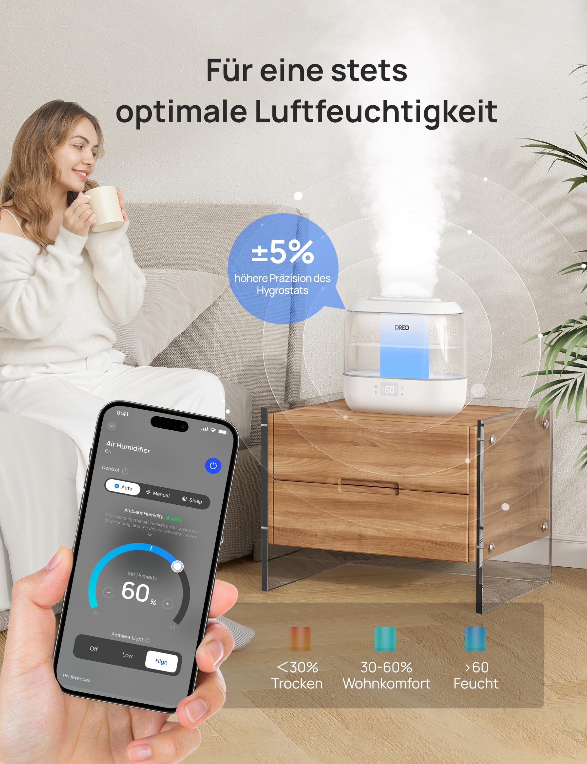 Smart Luftbefeuchter für Schlafzimmer, oben befüllbarer 4L Supergroßer Kühler Nebel Humidifier mit Öl Diffusor und Nachtlicht, 36 Stunden Laufzeit, leiser Ultraschall Luftbefeuchter Zuhause
