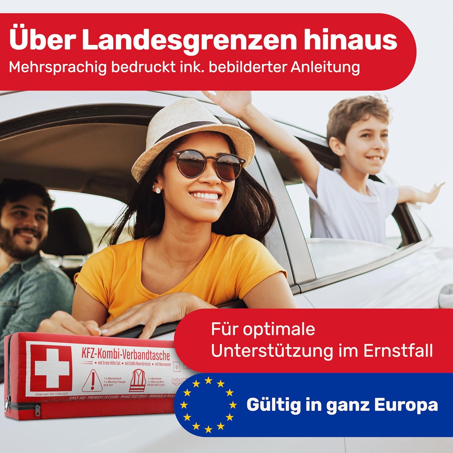 KFZ Kombitasche (3 in 1) nach aktueller Norm 2026 - Inkl. Warndreieck, Warnweste - Verbandskasten Warndreieck Set Verbandskasten Auto DIN 13164:2022