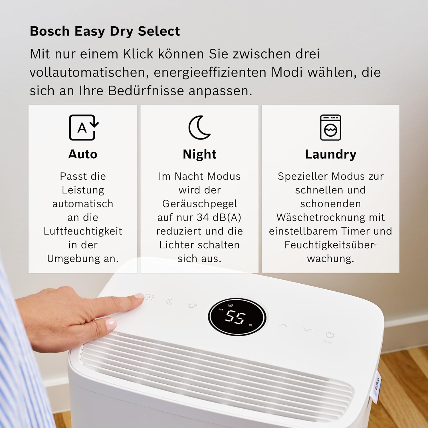 Bosch Dry, Luftentfeuchter, Für Räume bis zu 33 m² | Einfach, Effizient, Leise, Ideal für Deine Wohnung & die schnelle Trocknung Deiner Wäsche