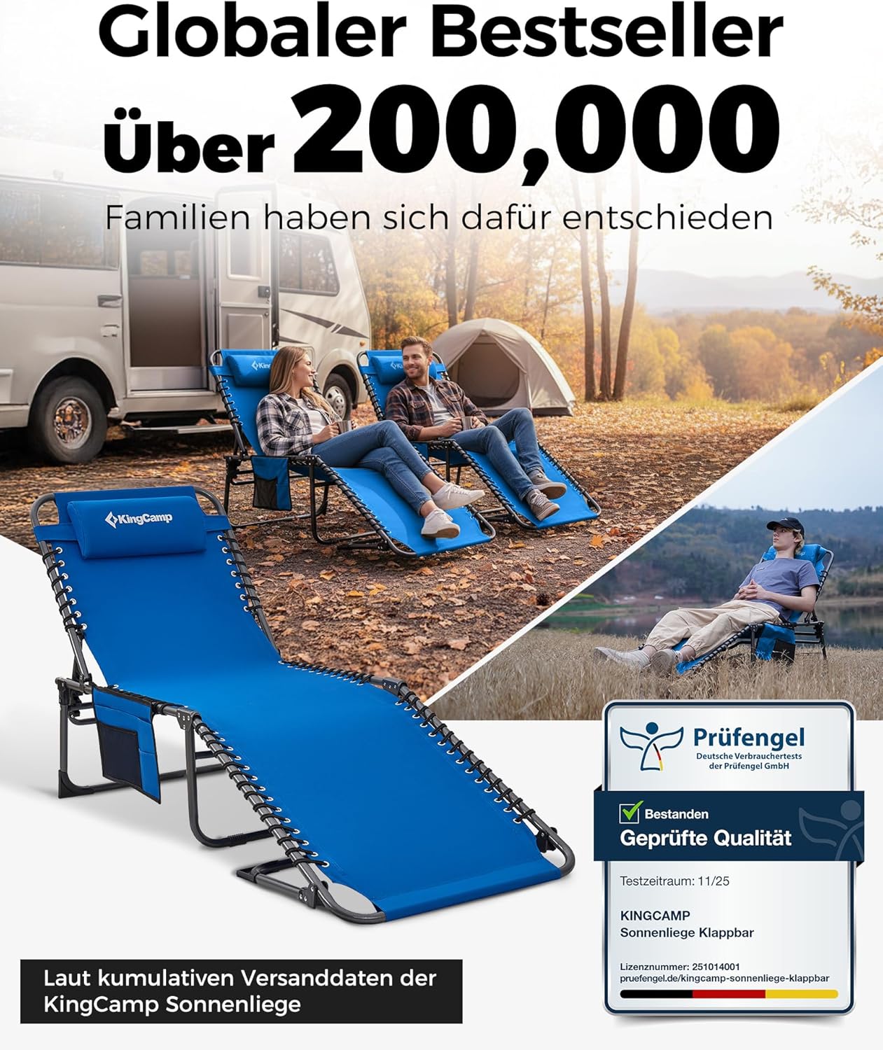 Sonnenliege Klappbar 5-Verstellbare, bis 180 kg, 2er Set, Blau | Gartenliege Klappbar, mit Kopfstütze & Seitentasche, Sonnenliege Wetterfest, Strandliege für Garten Terrasse Pool Camping