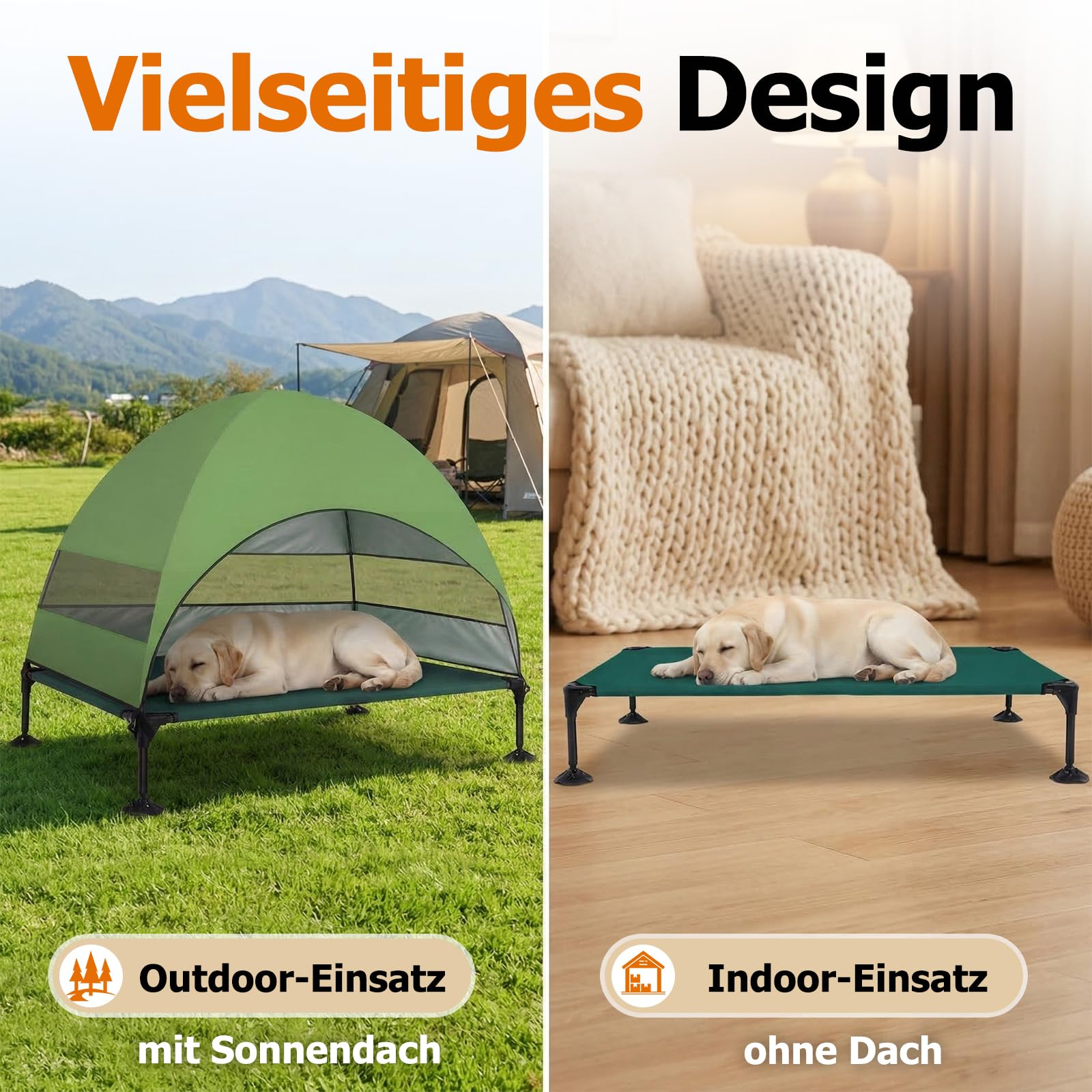 Erhöhtes Hundebett Outdoor mit UV-beständiges Dach，Hundeliege Klappbar mit Anti-Rutsch-Füßen, Hundezelt Outdoor mit Großem Schatten, Kühlendes ErhöHtes Hunde Bett für Camping, Garten & Pool (Grau, L)