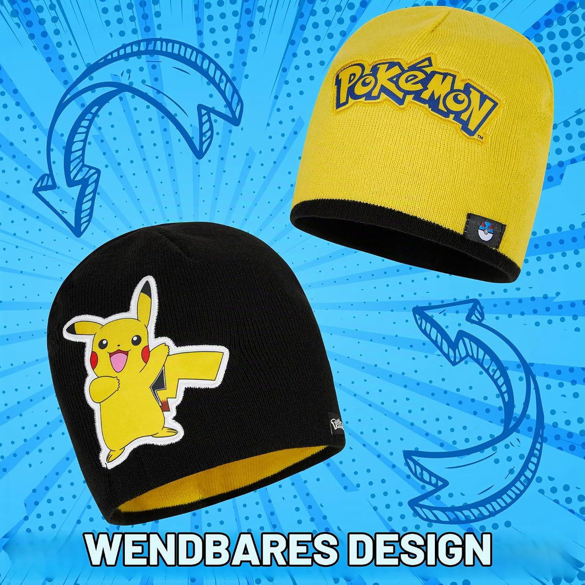 Pokemon Mütze, Schal & Handschuhe Jungen 4-12 Jahre, 3 Stück Warme Kinder Winter Set für kalte Tage, Anime Geschenke für Jungen