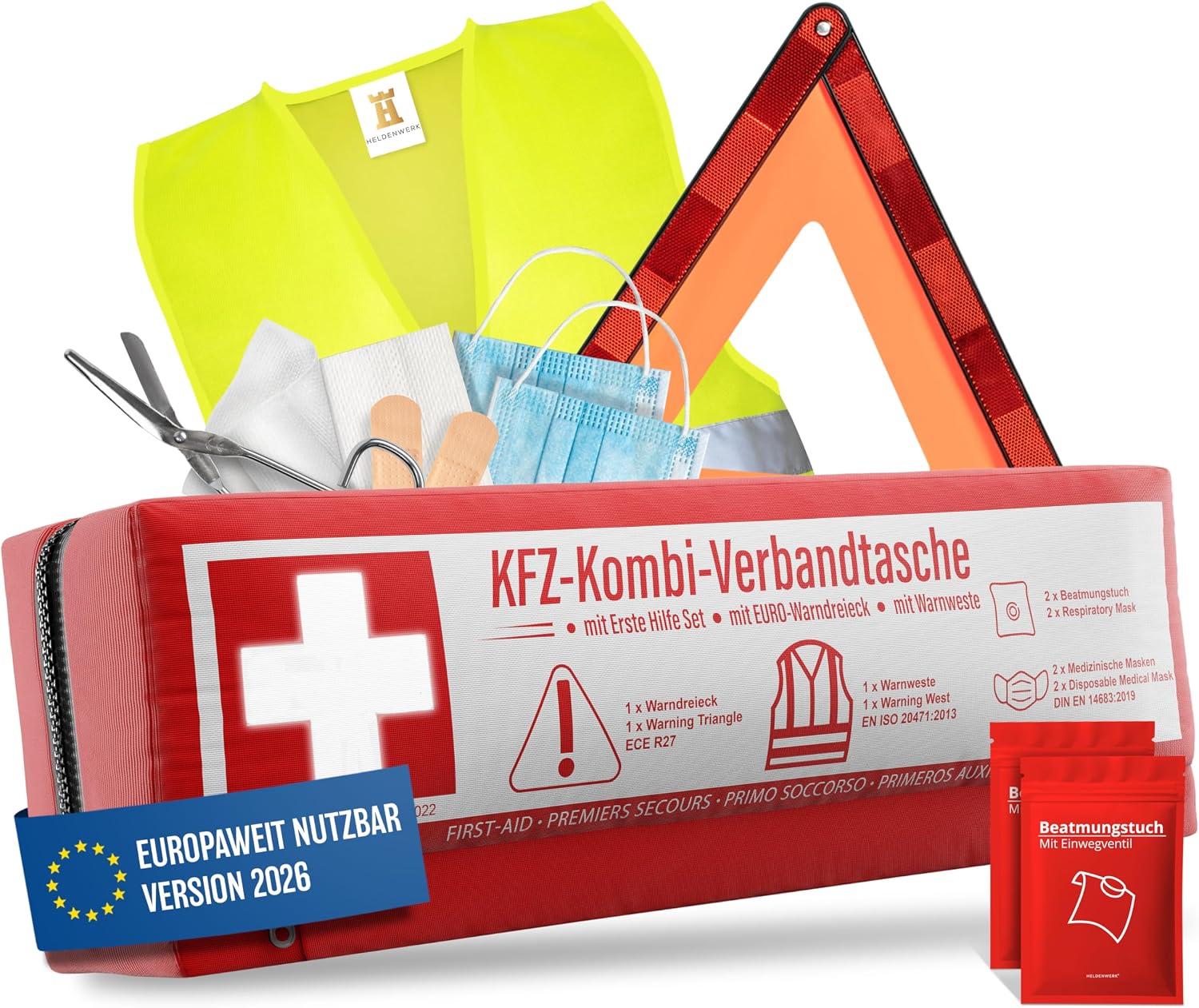 KFZ Kombitasche (3 in 1) nach aktueller Norm 2026 - Inkl. Warndreieck, Warnweste - Verbandskasten Warndreieck Set Verbandskasten Auto DIN 13164:2022