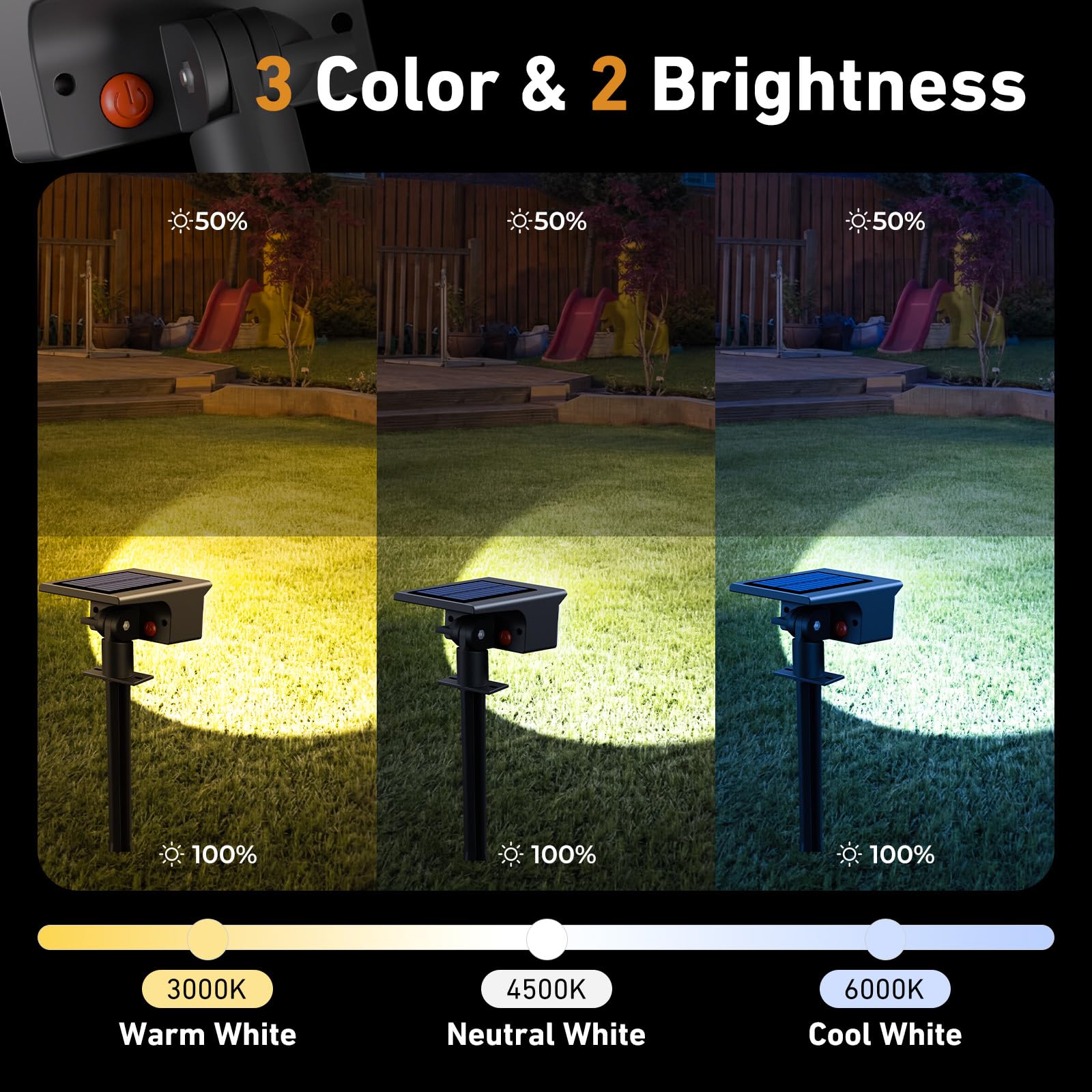 Solarlampen für Außen, 3000/4500/6000K Solarstrahler für Außen Garten 3 Farben IP65 Wasserdicht LED Solar Strahler Gartenleuchten, Solarleuchten für Outdoor Baum Rasen Weg Hof Garage