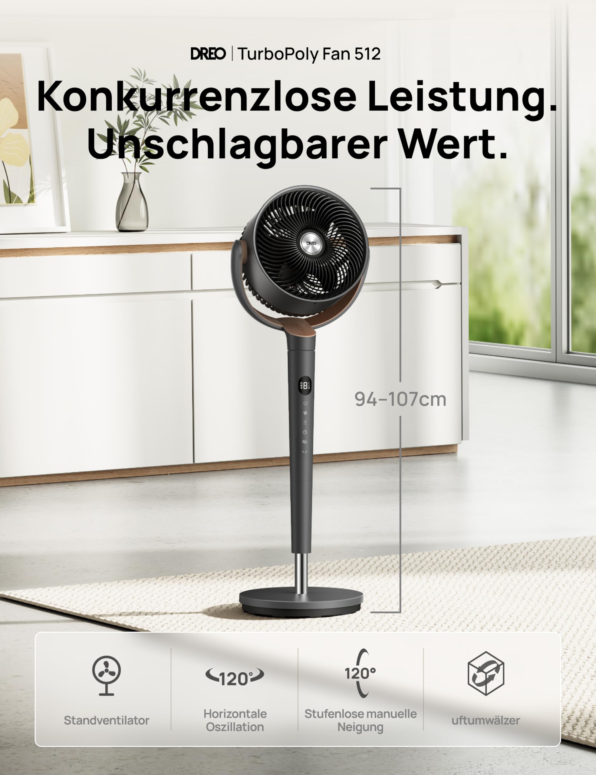 Starker Standventilator Smart mit RGB Light, 120° +120° Oszillierender Ventilator mit Fernbedienung, 20dB Leiser Bodenventilator / Turmventilator für Schlafzimmer, 8H Timer, Silber