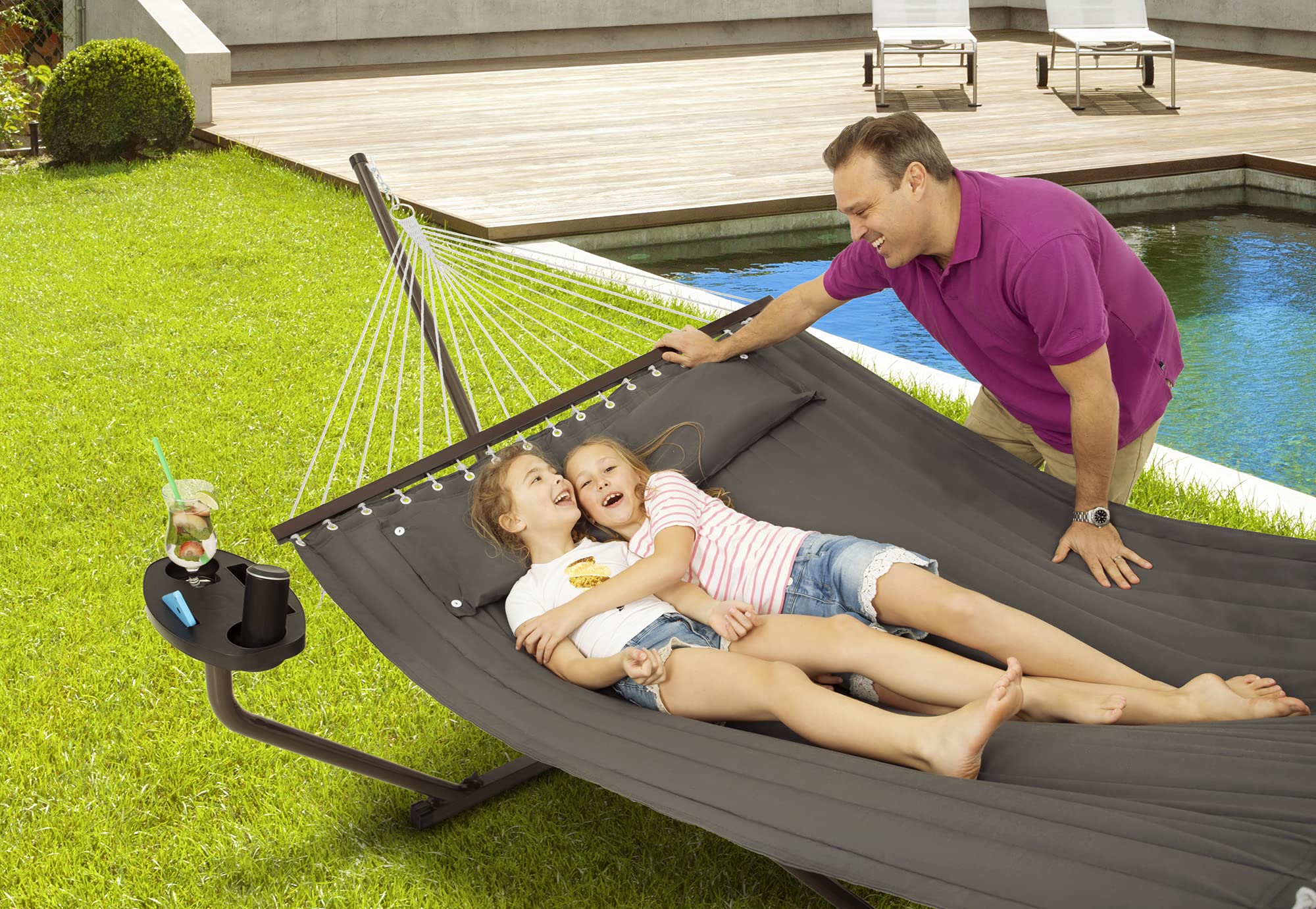 Hängematte mit Gestell und Tisch - Hängematte Outdoor für den Garten, Pool & Balkon - Großzügige Hängematten 2 Personen - Doppelhängematte mit Ständer und Beistelltisch - 200 kg Belastbarkeit