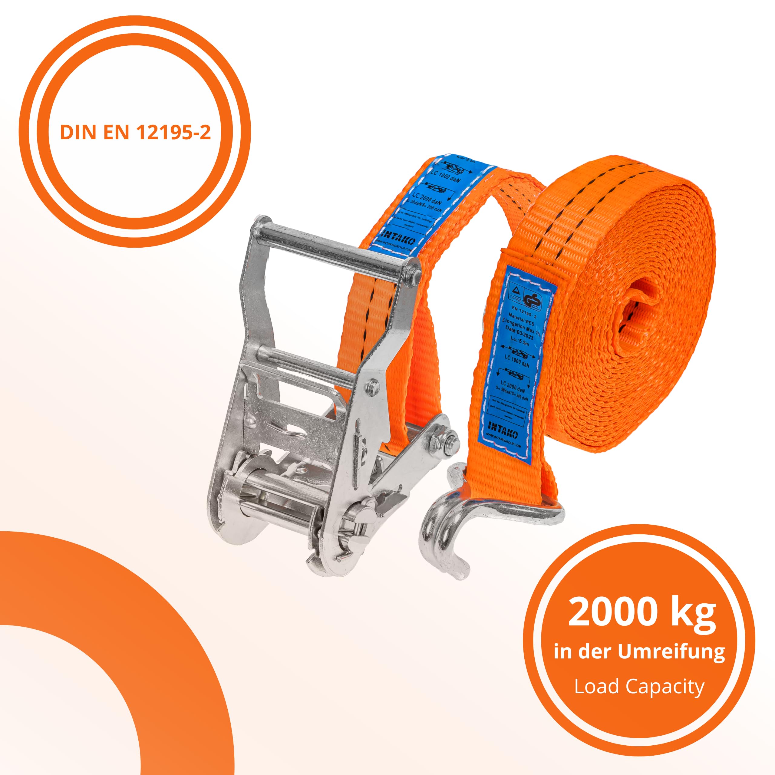 Spanngurte mit Ratsche und Haken - 4m / 6m / 8m - 2000kg 35mm - 4 Stück - Ratschen Set - Ratschengurt 2-Teilig - Zurrgurt Orange - TÜV GS Geprüft und gemäß DIN EN 12195-2 (Orange, 6m)