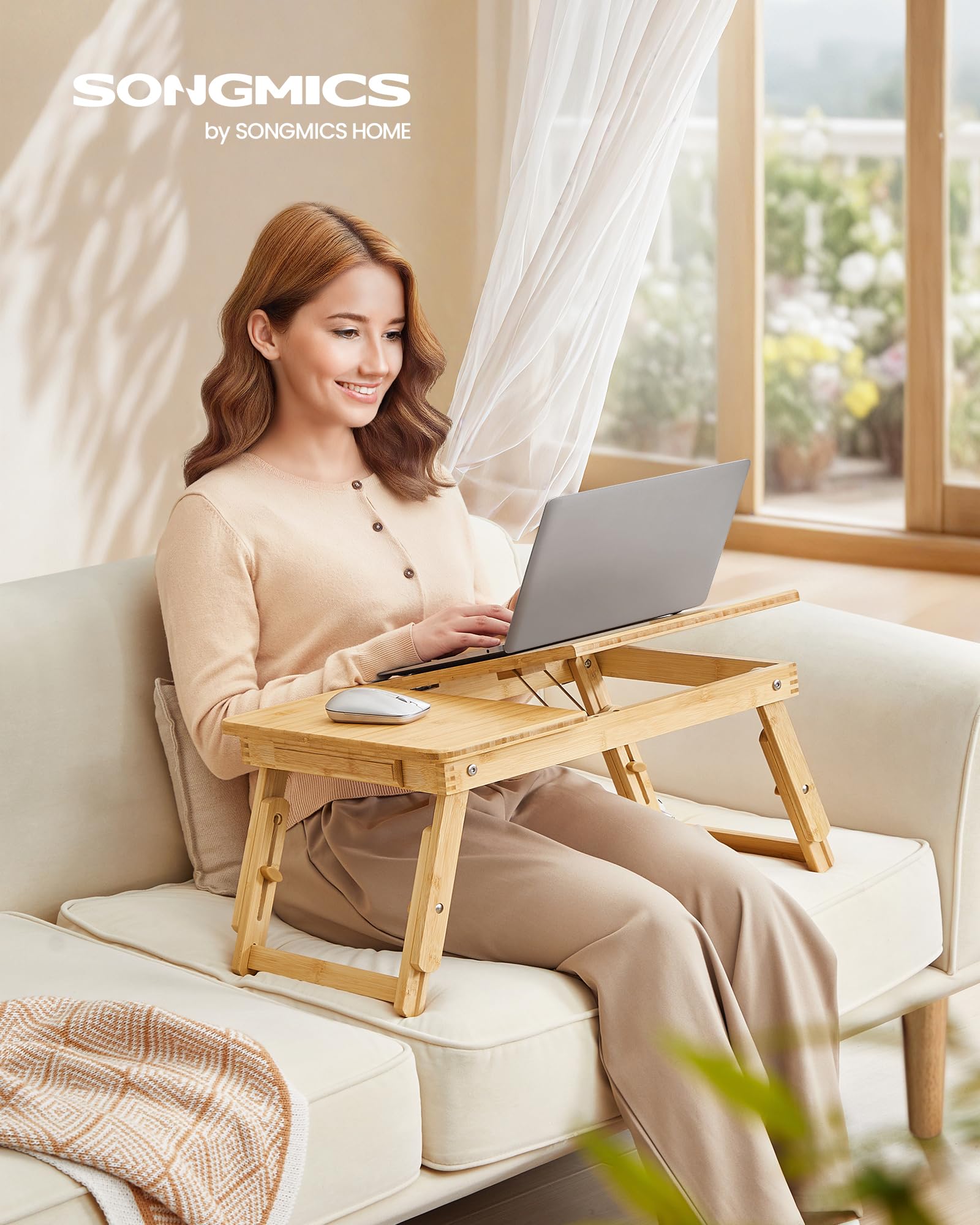 Laptoptisch für Bett, Laptopständer, Winkel- und höhenverstellbar, klappbare Beine, für Laptops bis 15,6 Zoll, Arbeiten, Lesen, Bambusbeine, Schublade, 55,5 x 34,9 cm, vintagebraun LLD105B01