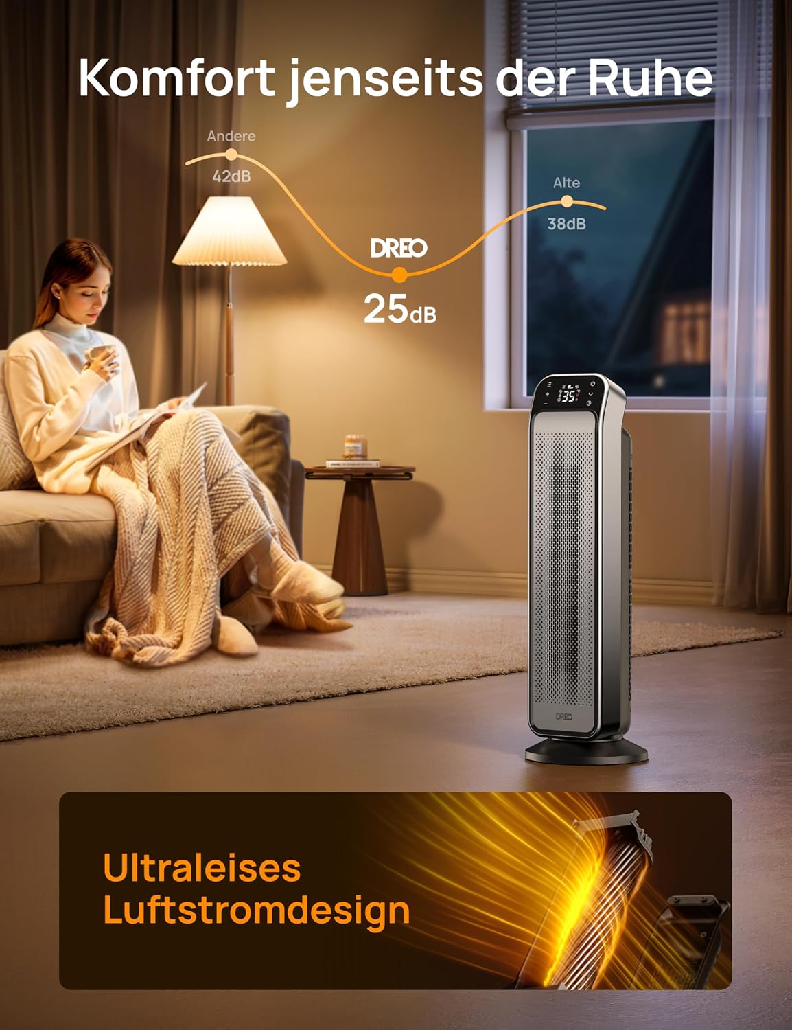 Heizlüfter Energiesparend Leise, 25 Zoll Keramik Heizung Elektrisch mit Fernbedienung und Thermostat, 2000W Elektroheizung, 3 Modus, 12-Std-Timer, Überhitzungs-Kippschutz, Solaris Max