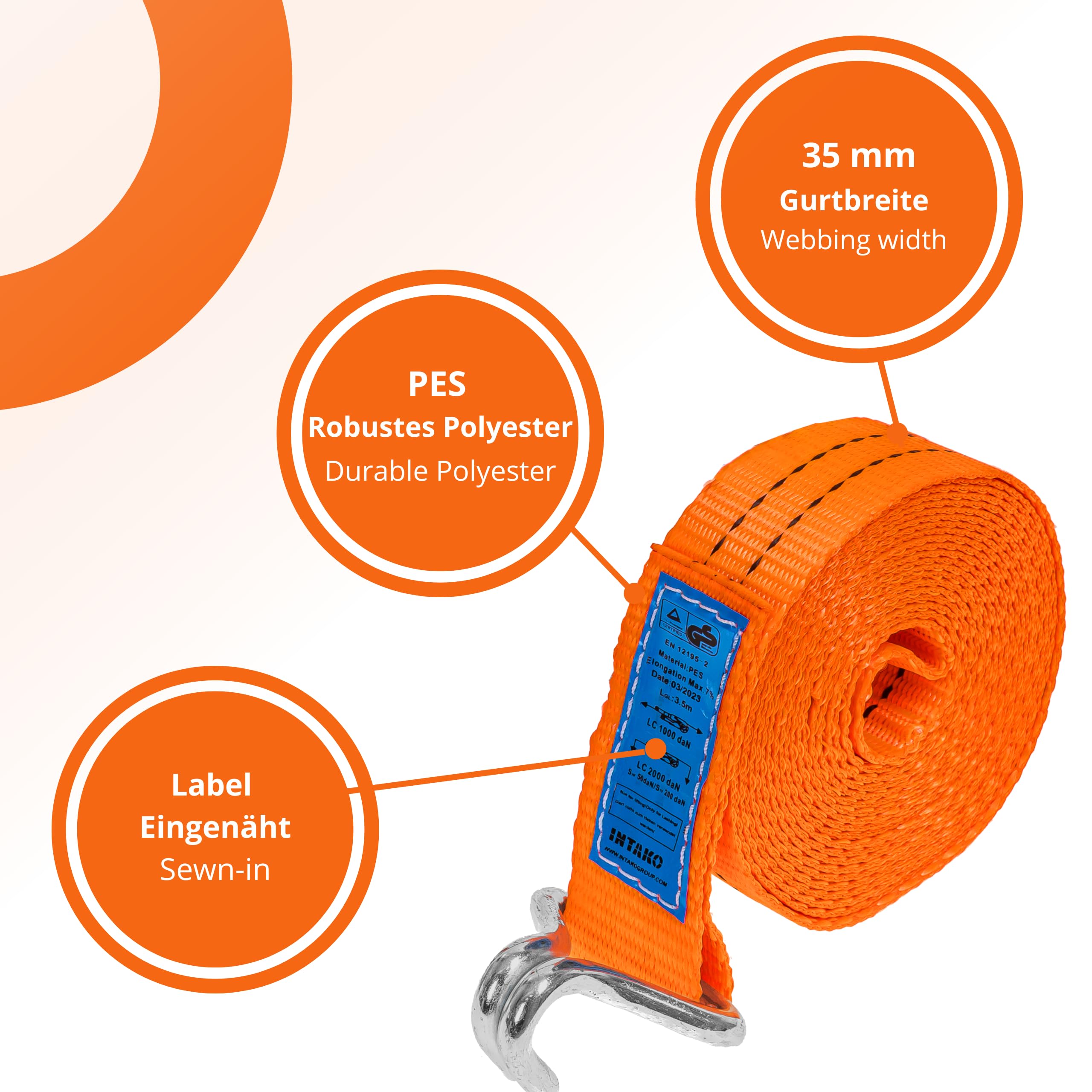 Spanngurte mit Ratsche und Haken - 4m / 6m / 8m - 2000kg 35mm - 4 Stück - Ratschen Set - Ratschengurt 2-Teilig - Zurrgurt Orange - TÜV GS Geprüft und gemäß DIN EN 12195-2 (Orange, 6m)