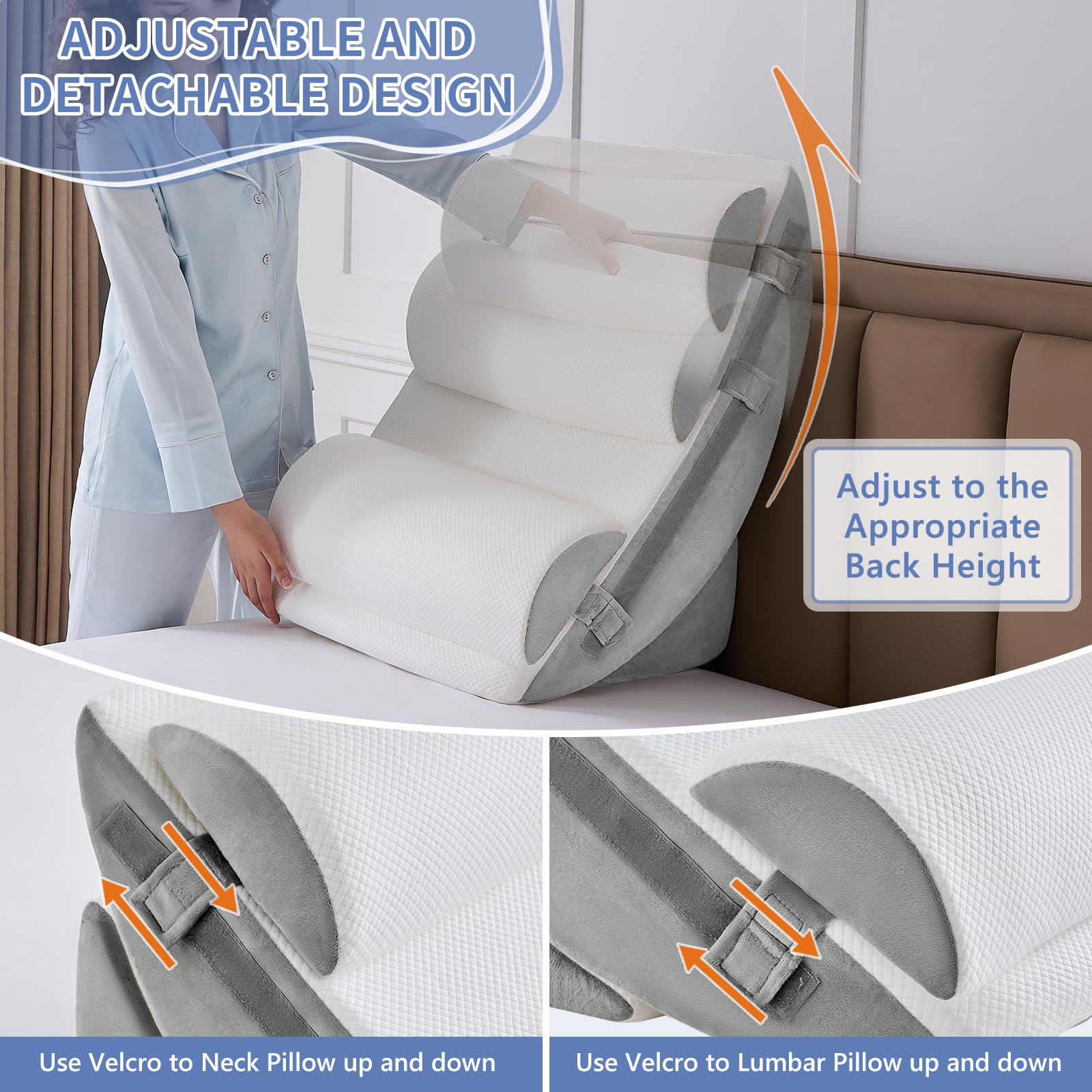 Orthopädische Bett Keil Kissen Set,Post Chirurgie Schaum Kissen für Körper, Rücken und Beine Schmerzlinderung,Justierbare Stützkissen mit Säure Reflux Bed Wedge Memory Foam Hellgrau